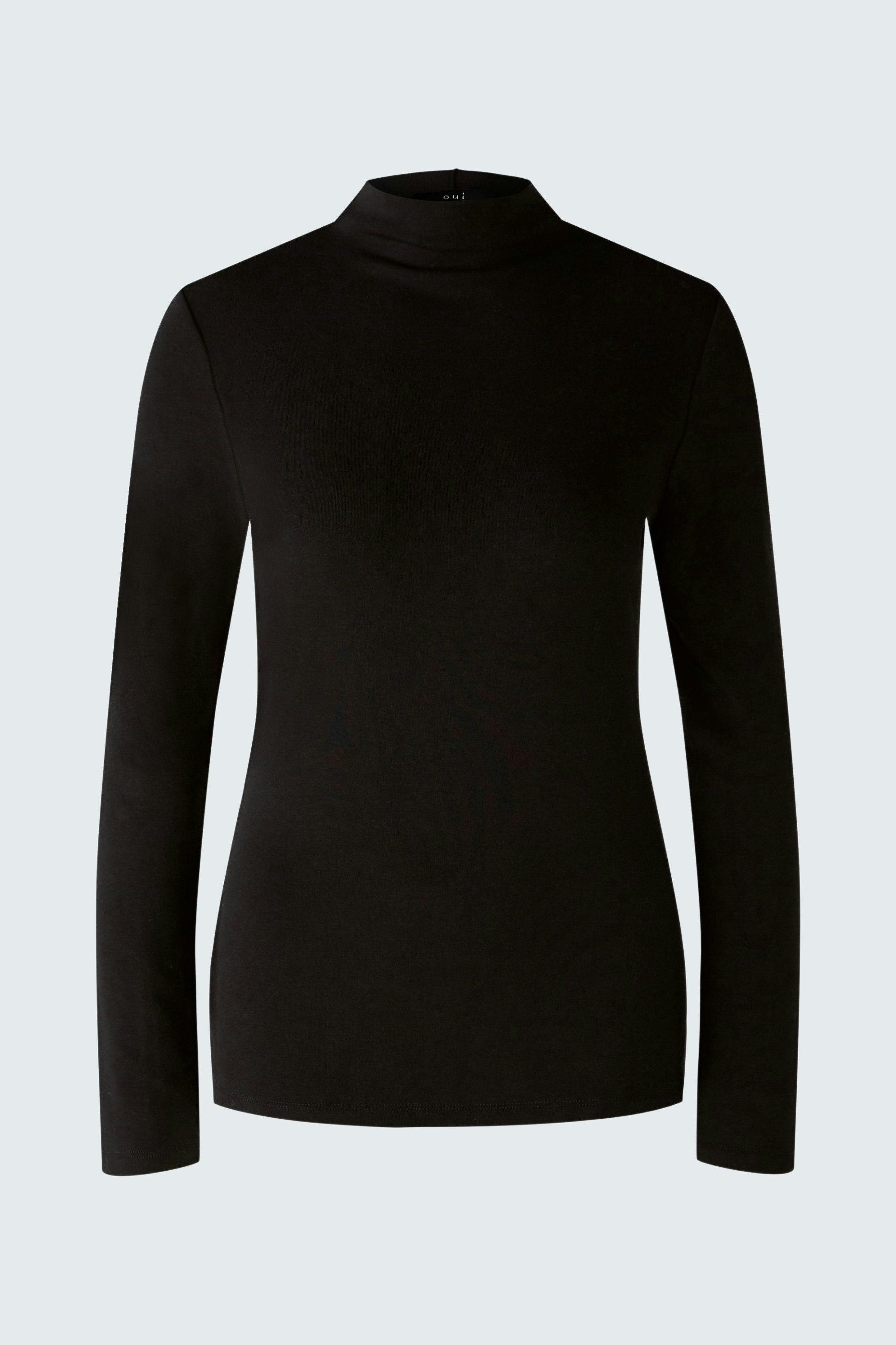 Elegant long-sleeve shirt: A woman in a sleek black pullover with a stylish turtleneck.