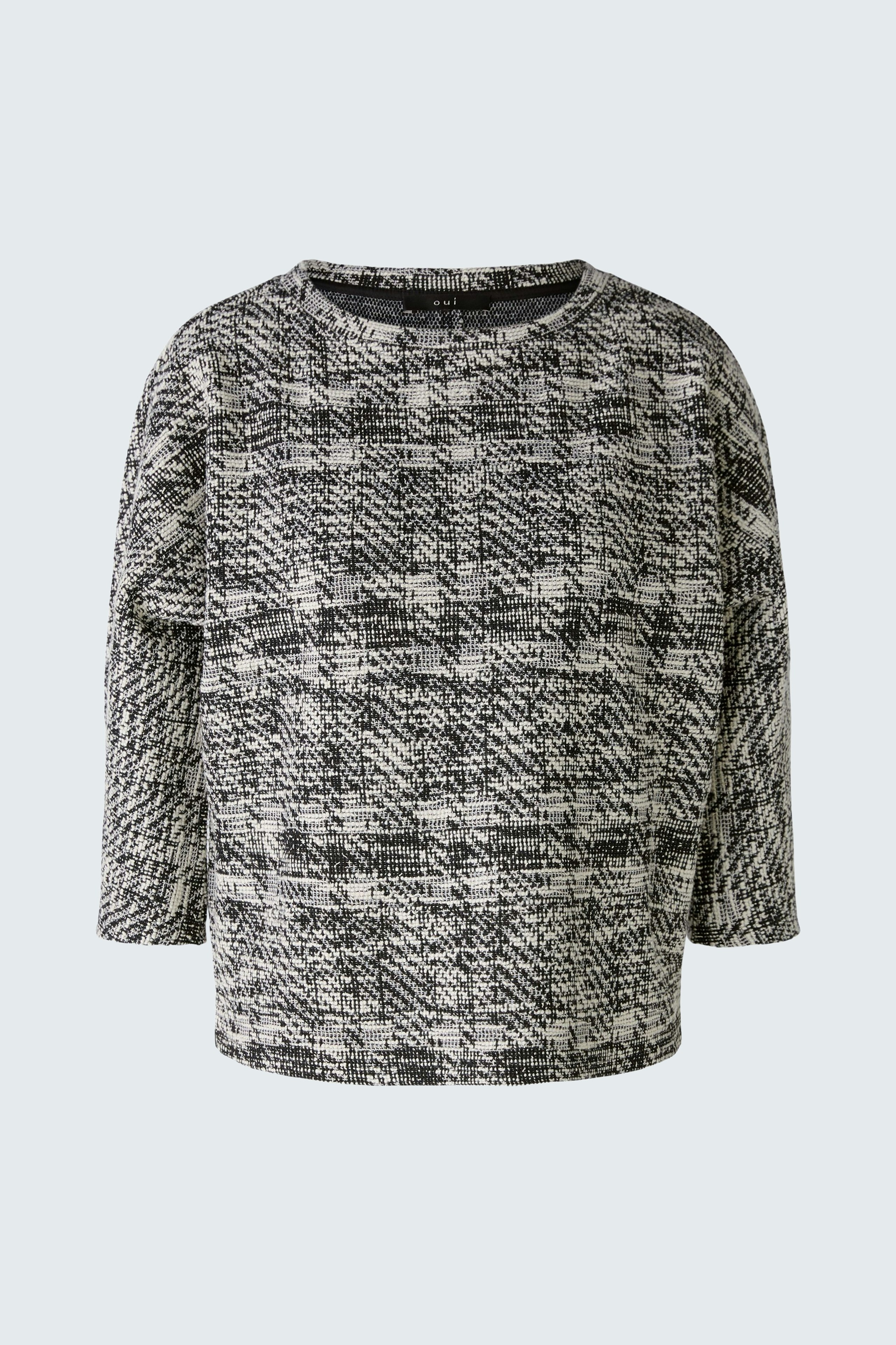Stylischer Damen-Sweatshirt: Grauer Pullover mit modernem Muster und lässigem Schnitt.
