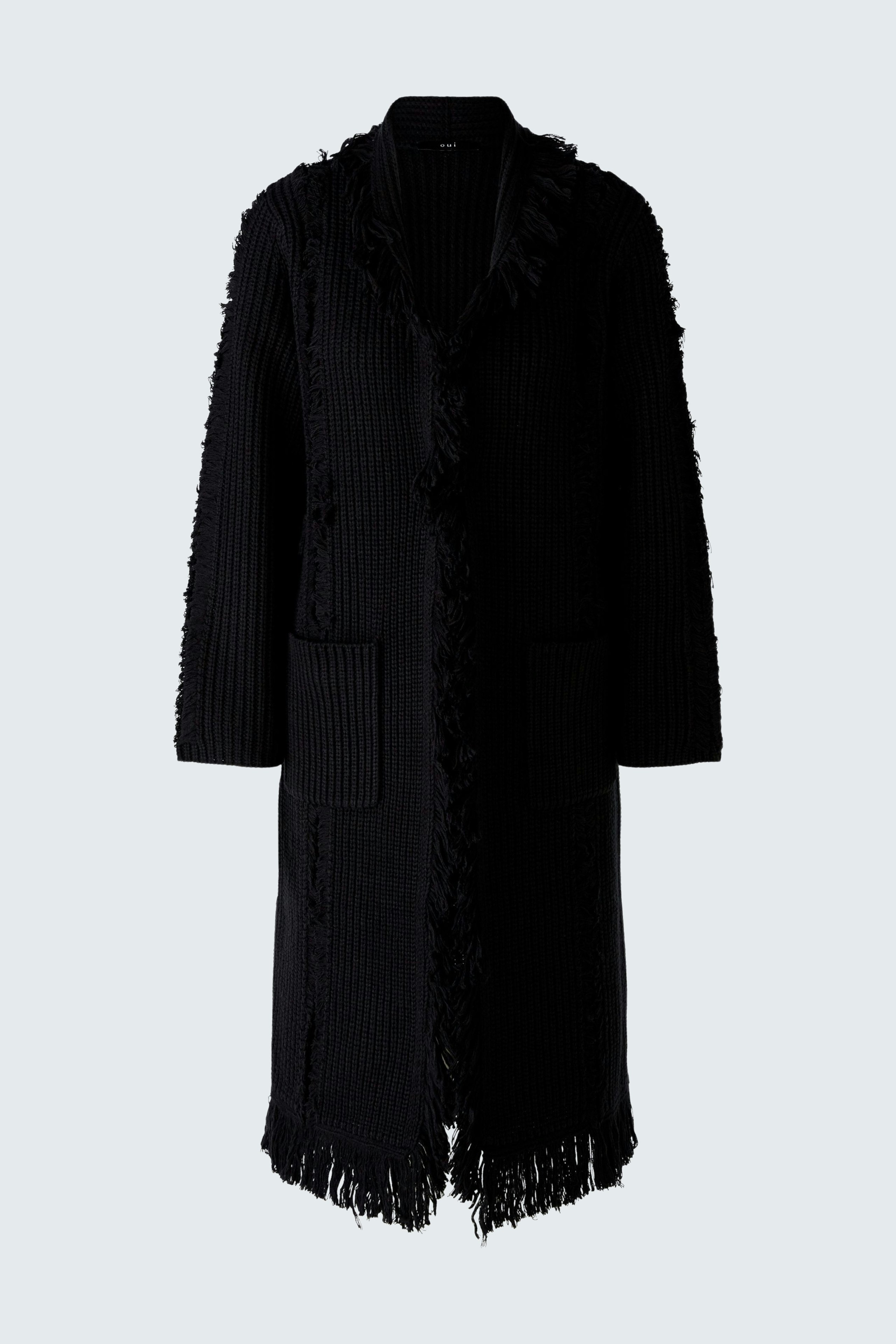 Eleganter Damen-Mantel in Schwarz mit Fransen und Taschen, ideal für kühle Tage.