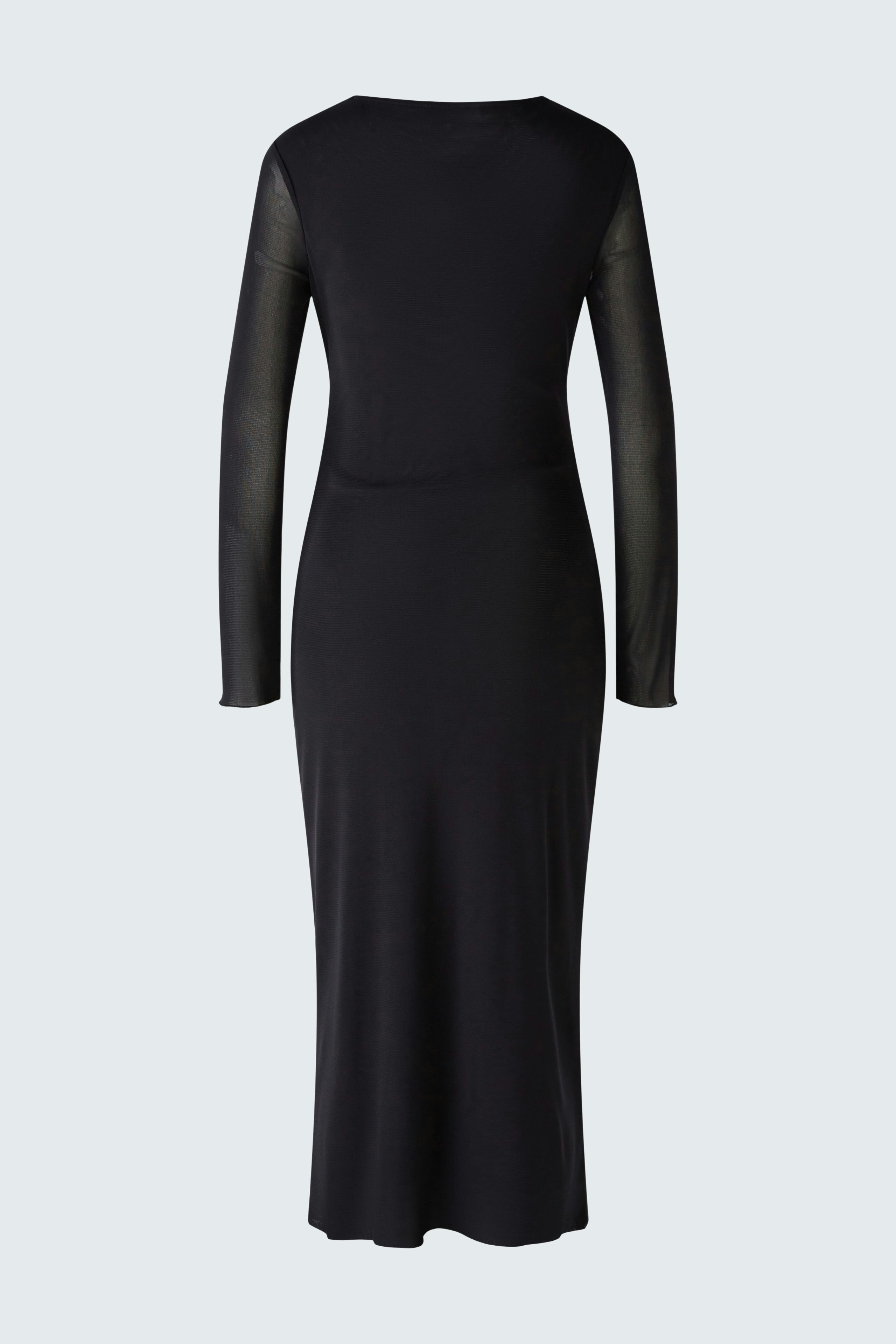 Elegant black midi dress with long sheer sleeves, perfect for any occasion.