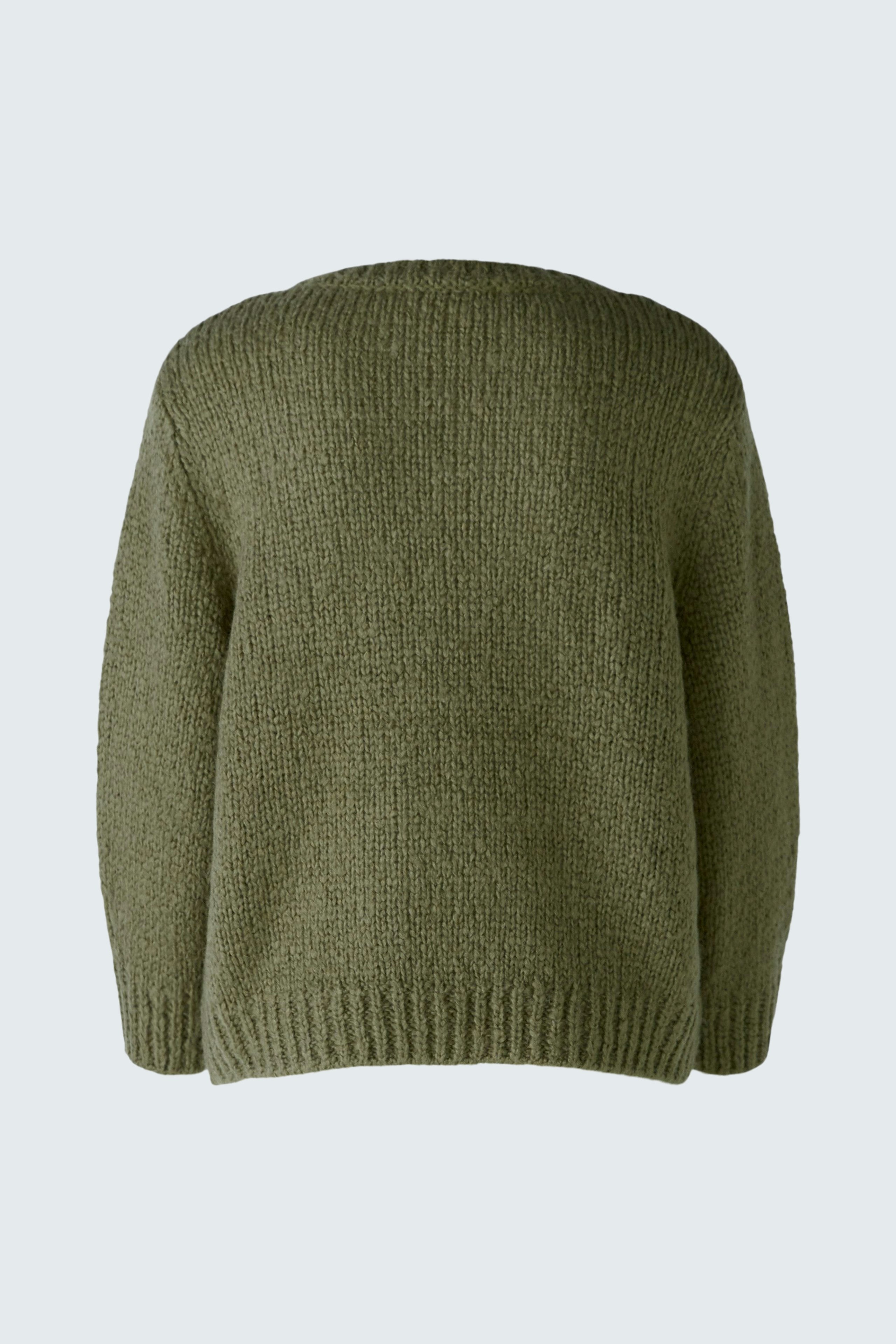 Cozy women's pullover in soft olive green, featuring a relaxed fit and textured knit design.