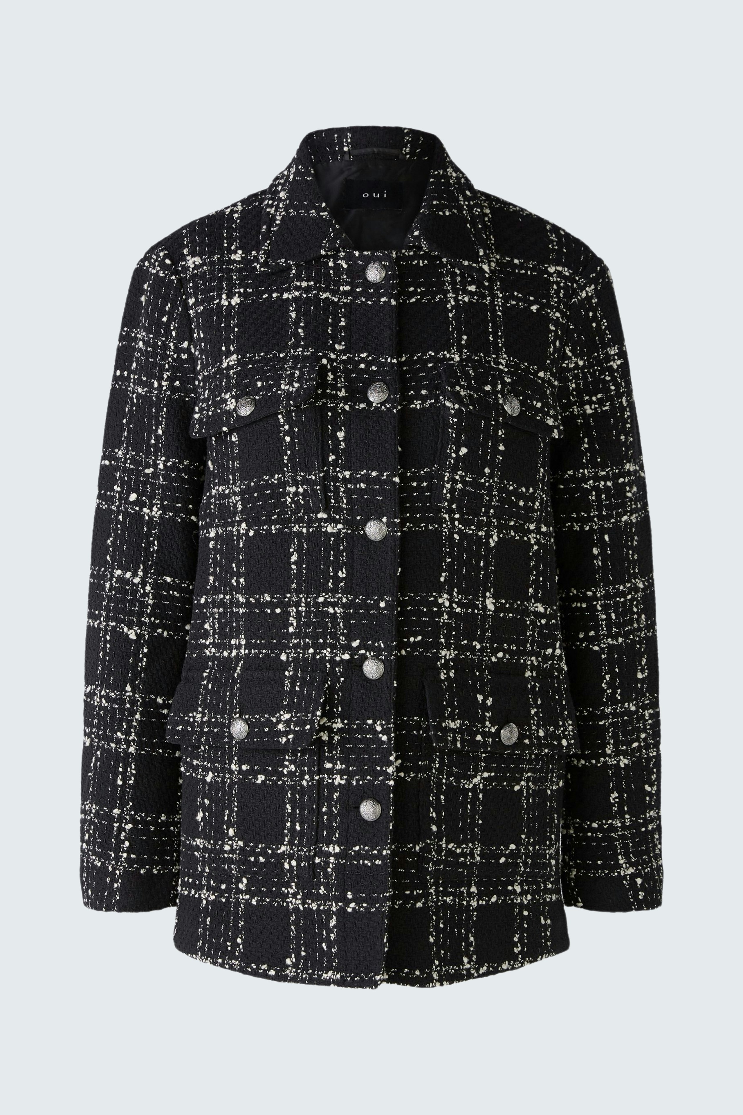 Stylish women's jacket: Black and white checkered design with button details.