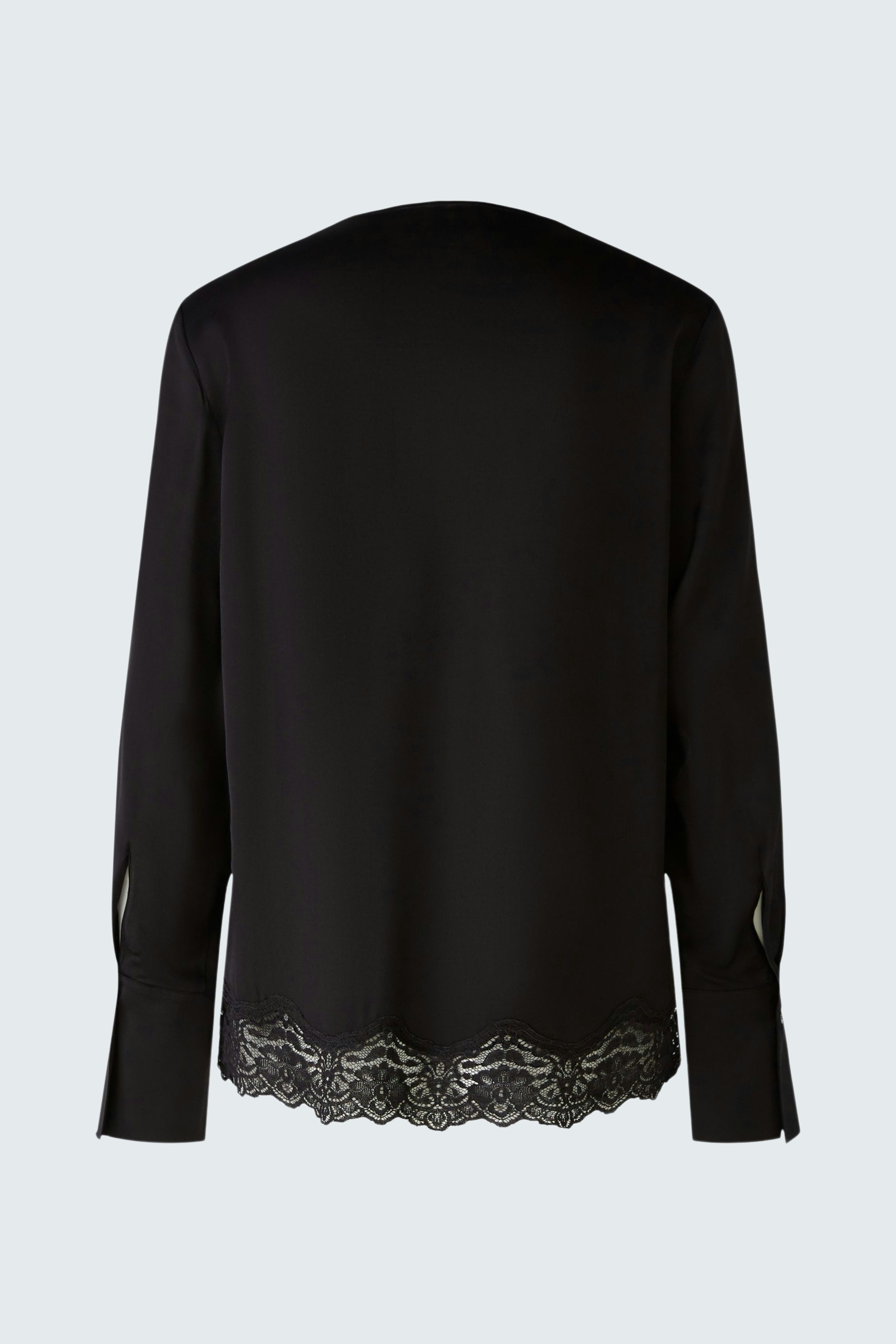 Elegant black blouse with lace detailing at the hem, designed for women.
