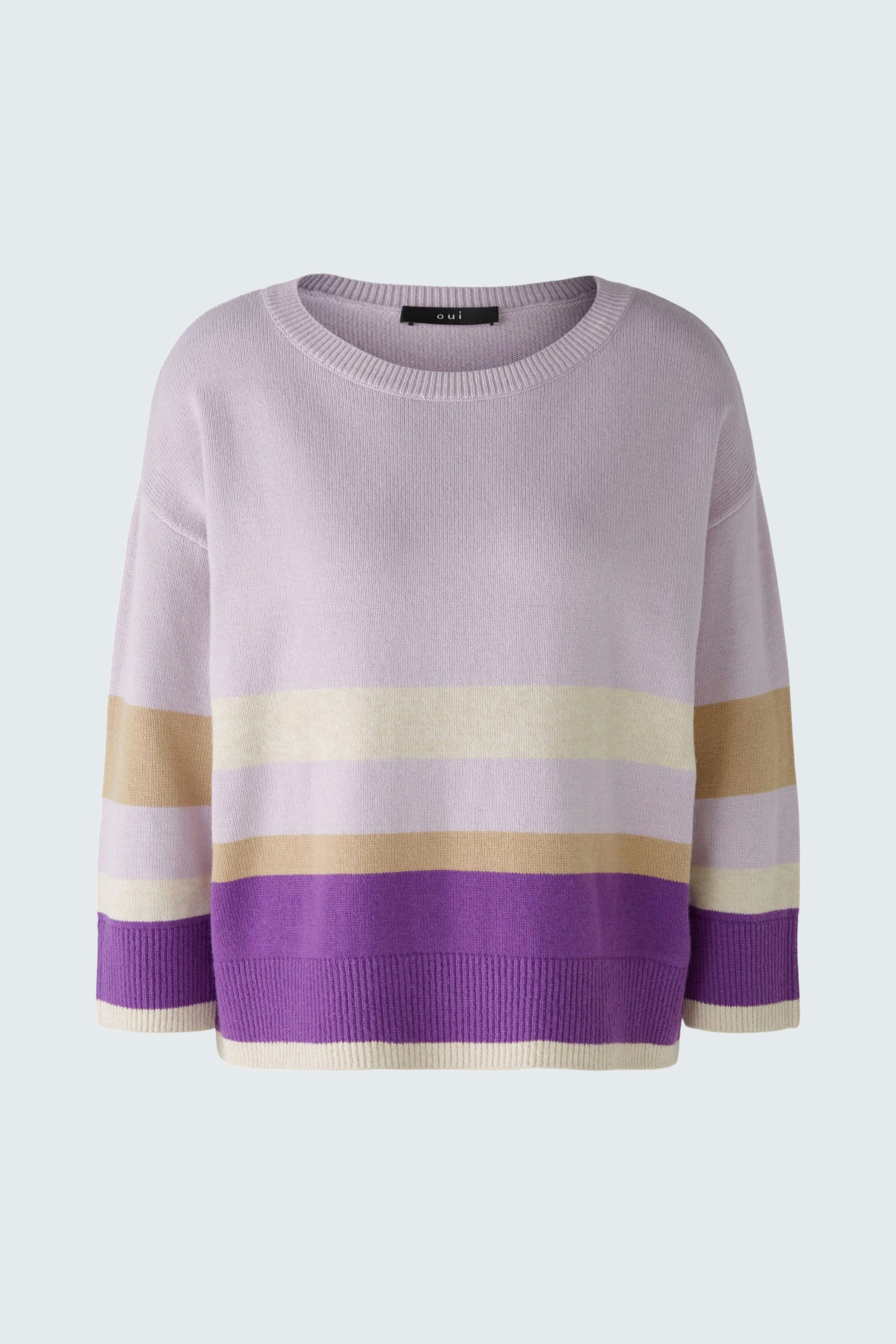 Lila Damen-Pullover mit breiten Streifen in Gelb, Beige und Lila, lässig und modern.