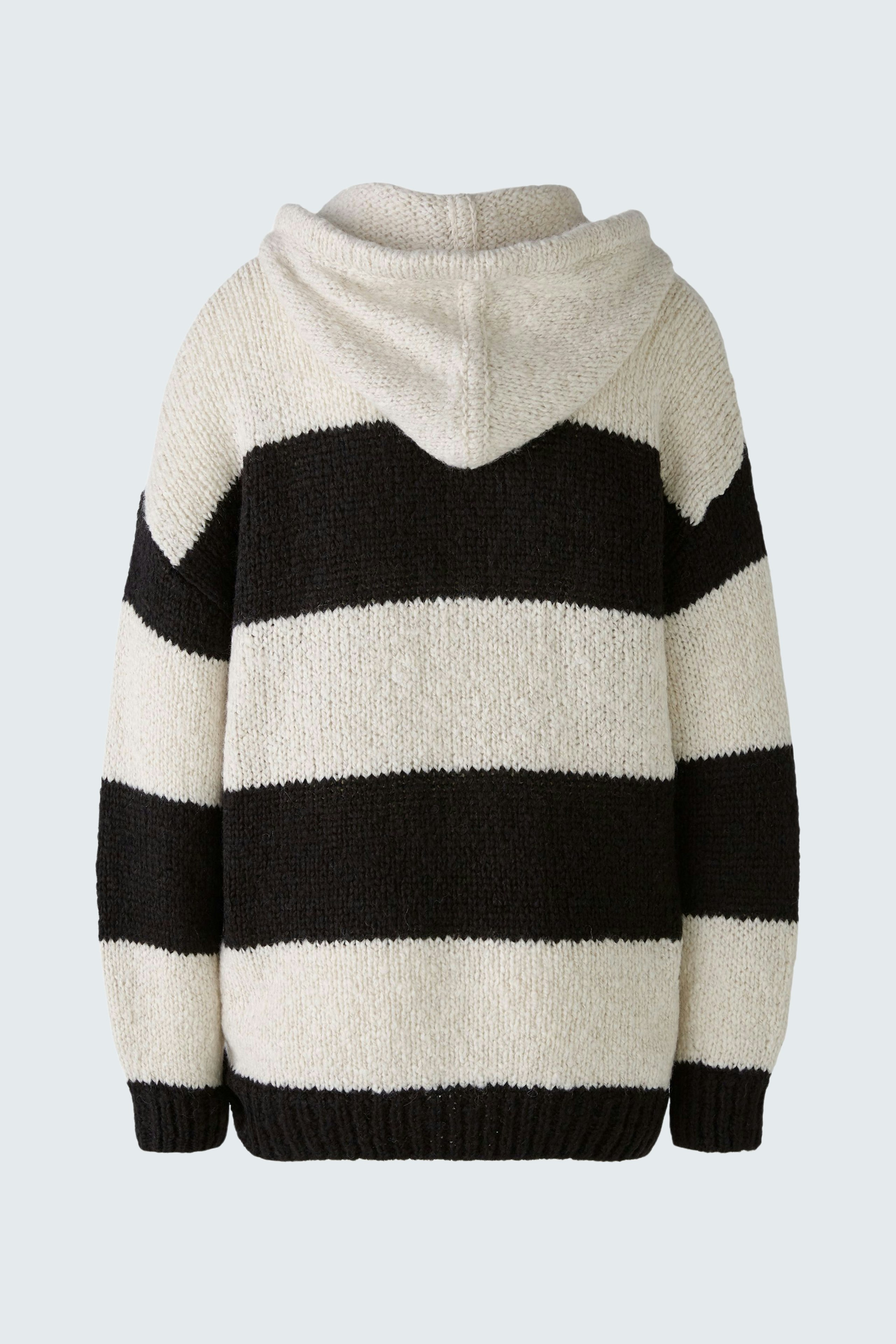 Cozy women's hoodie in black and white stripes, featuring a soft texture and a relaxed fit.