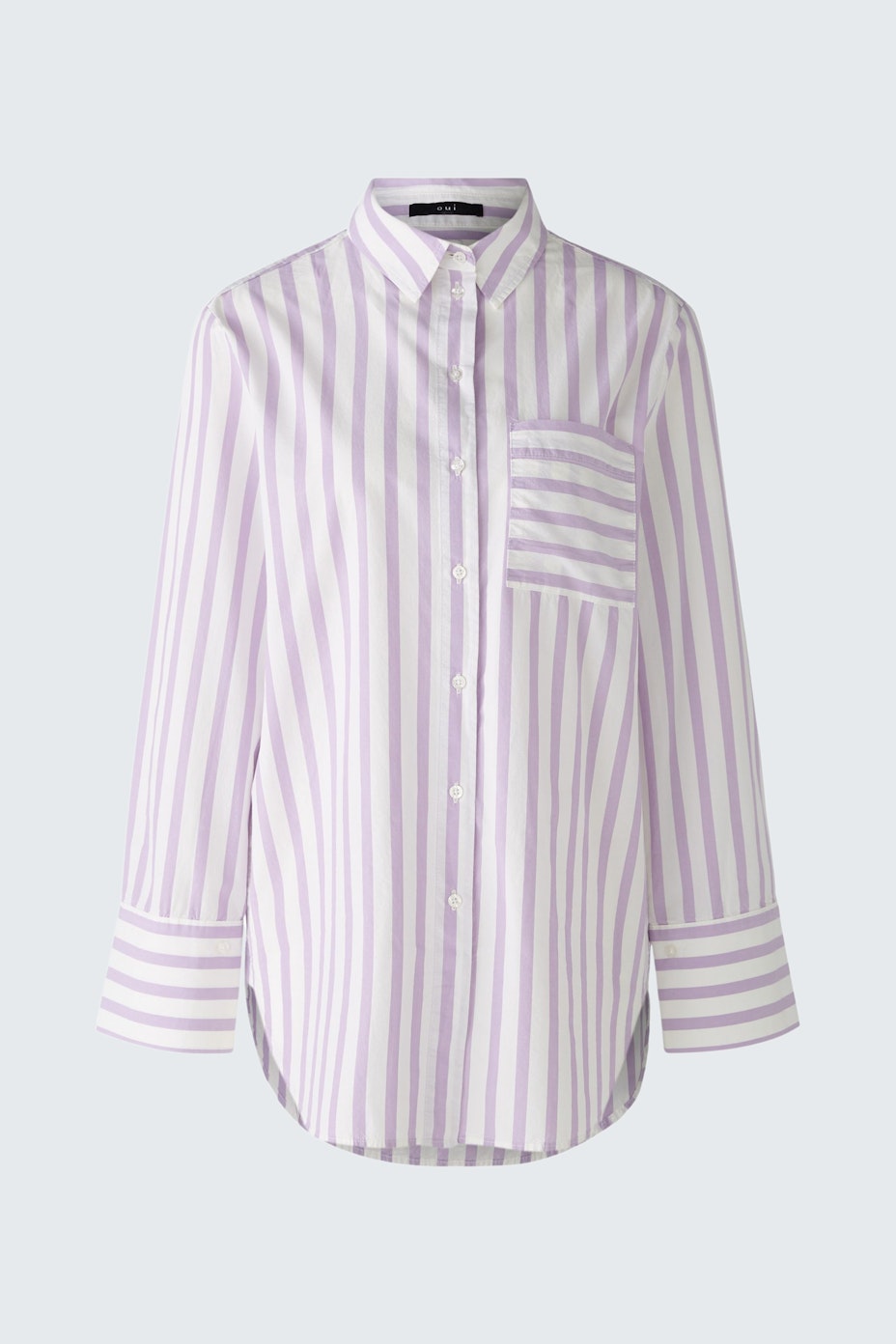 Stylish women's blouse: Light purple striped shirt with a pocket and button-down collar.