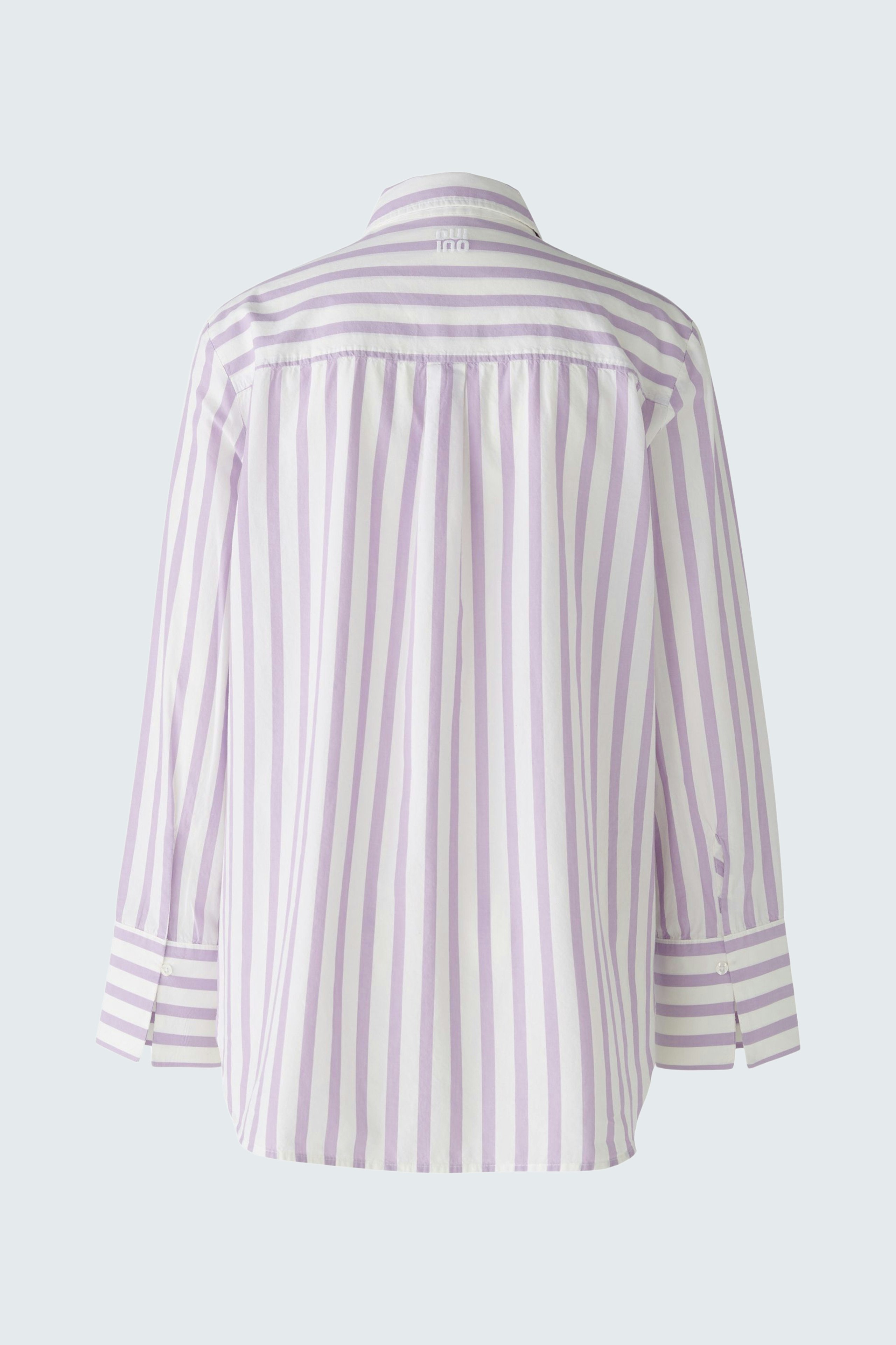Stylish women's blouse: Back view of a striped blouse in soft lavender and white tones.
