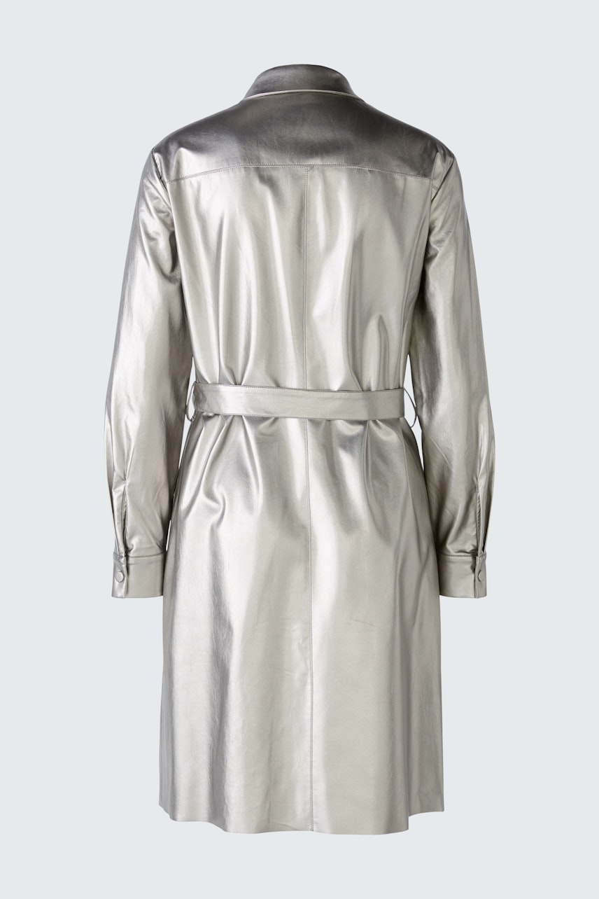 Sleek shirt dress: A stylish women's shirt dress in metallic silver with a belted waist.