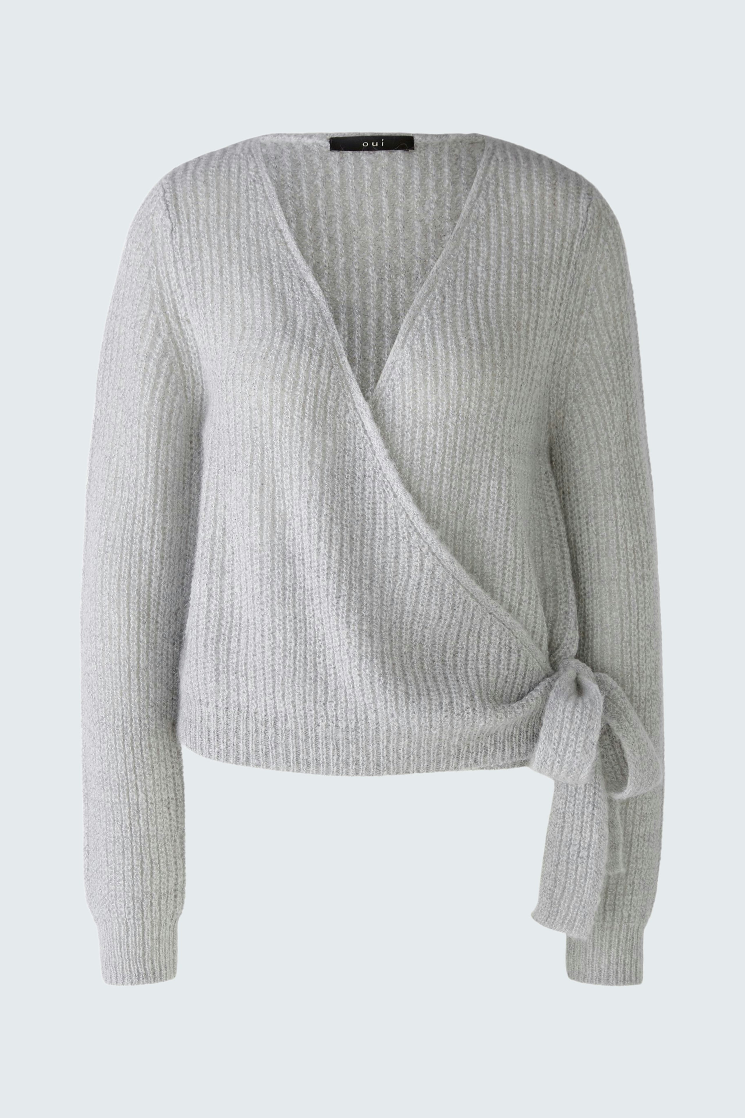 Stylish women's pullover: Light gray wrap pullover with a tie detail, perfect for casual wear.