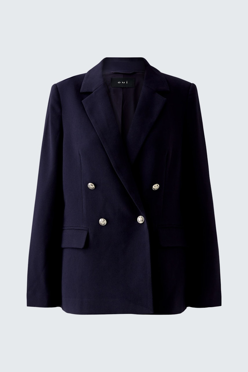 Elegant women's blazer in deep navy with double-breasted buttons, perfect for any occasion.