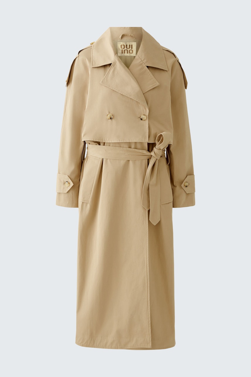 Stylish trench coat: A beige women's trench coat with a belted waist and classic double-breasted design.