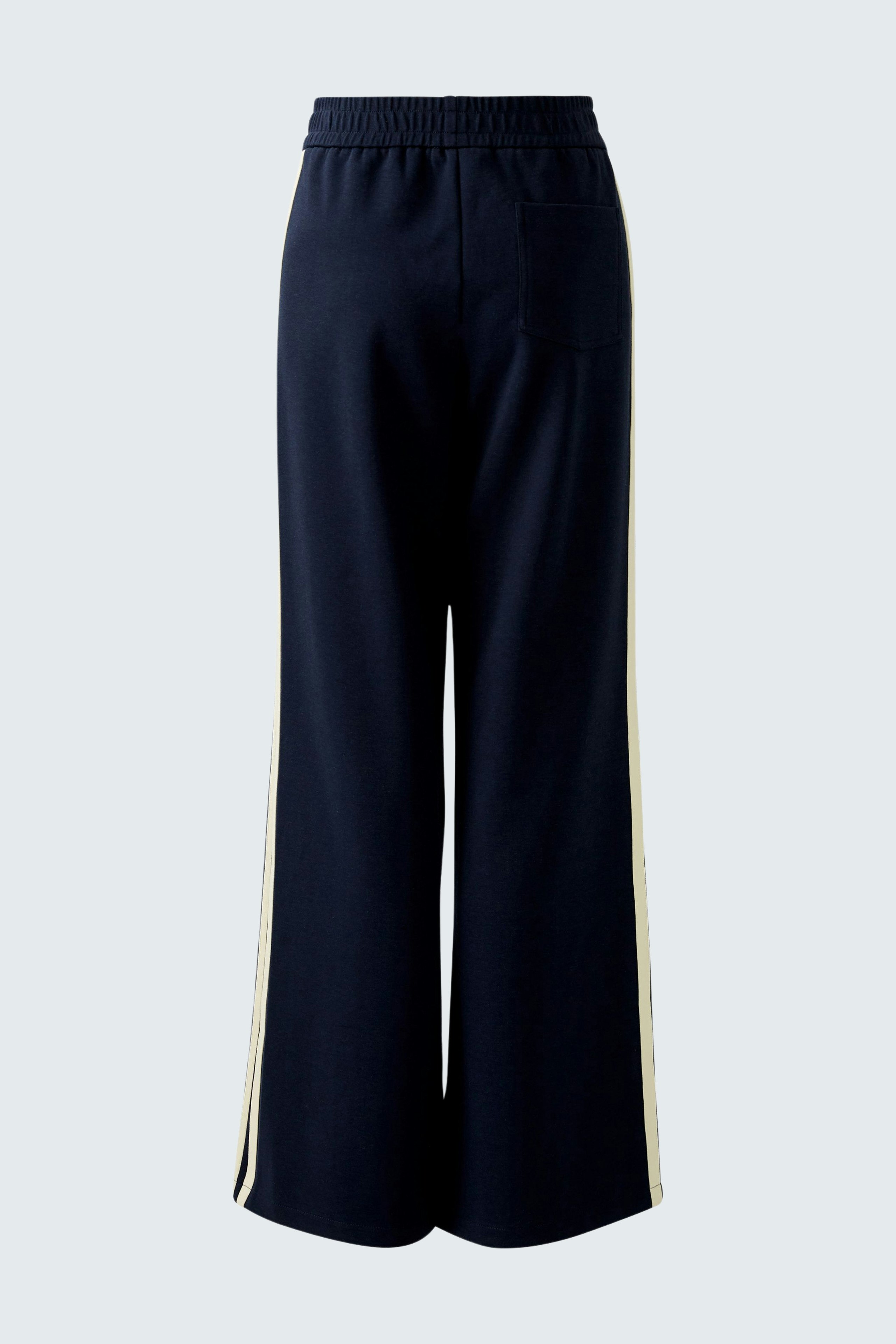 Stylish women's pants: Navy wide-leg trousers with contrasting side stripes, perfect for casual wear.