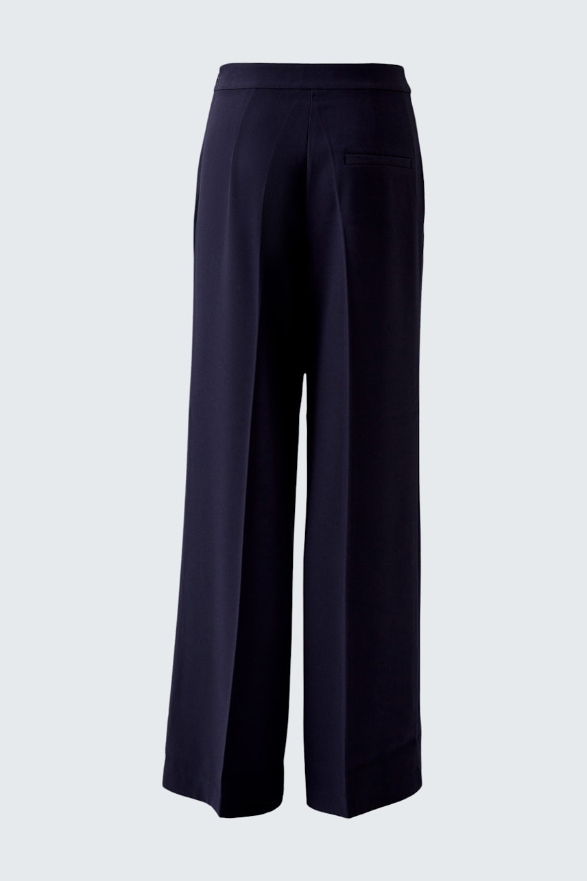 Elegant women's business trousers in dark navy, featuring a wide-leg design and a sleek back pocket.