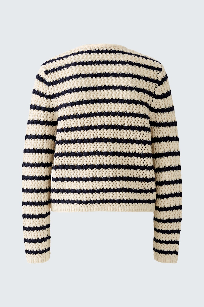 Stylish women's cardigan: Back view of a striped pullover in cream and navy, perfect for layering.