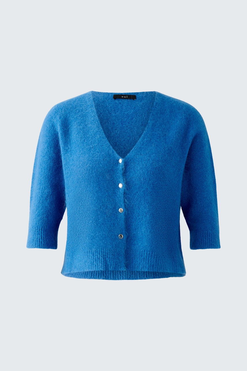 Helle Damen-Strickjacke in Blau mit V-Ausschnitt und Knöpfen, ideal für lässige Outfits.