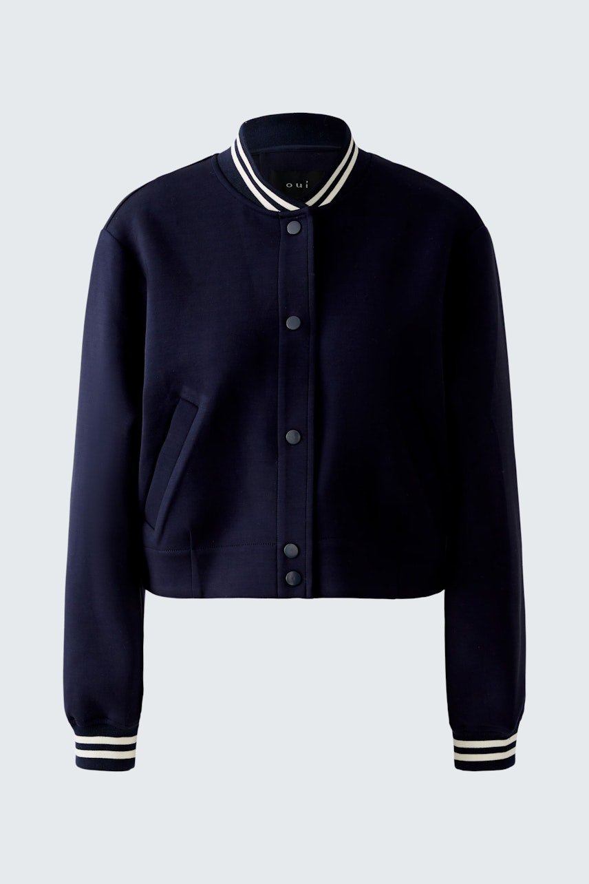 Stylish women's blouson: Navy cropped bomber jacket with striped collar and buttons.