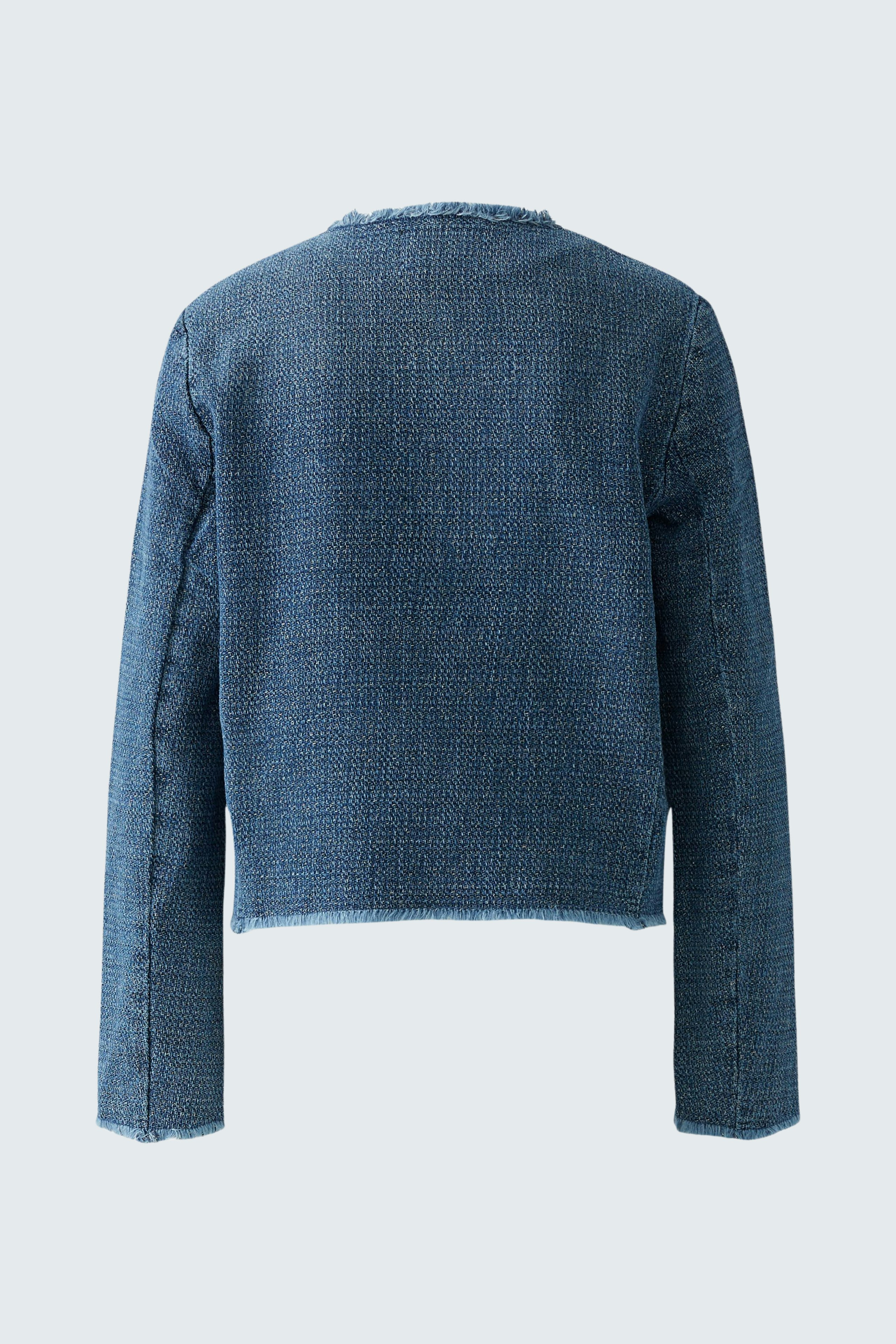 Stylish women's jacket in blue fabric, featuring a modern cropped design and long sleeves.