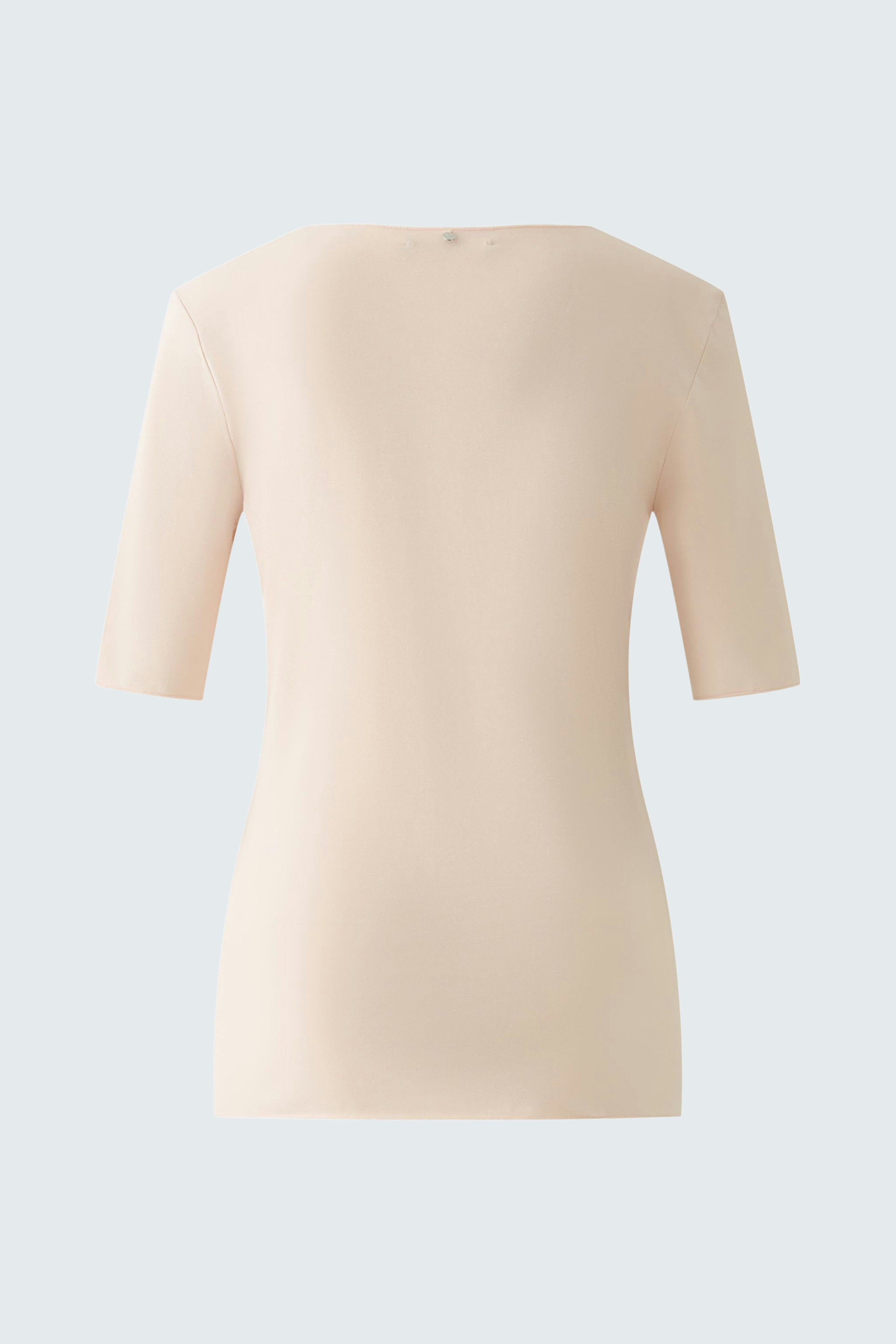 Elegant women's T-shirt in soft beige with short sleeves, perfect for casual or dressy occasions.