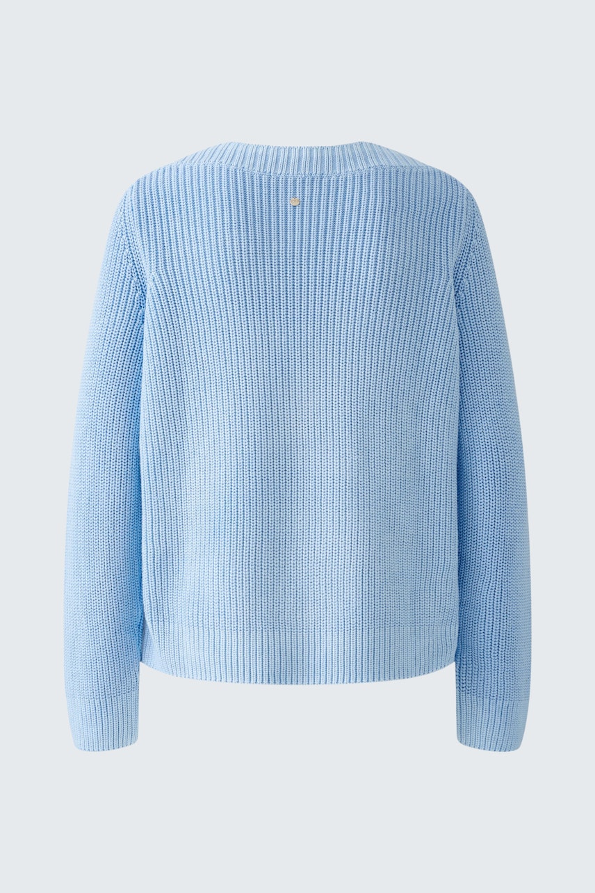 Cozy women's pullover in soft blue, featuring a ribbed texture and a relaxed fit.