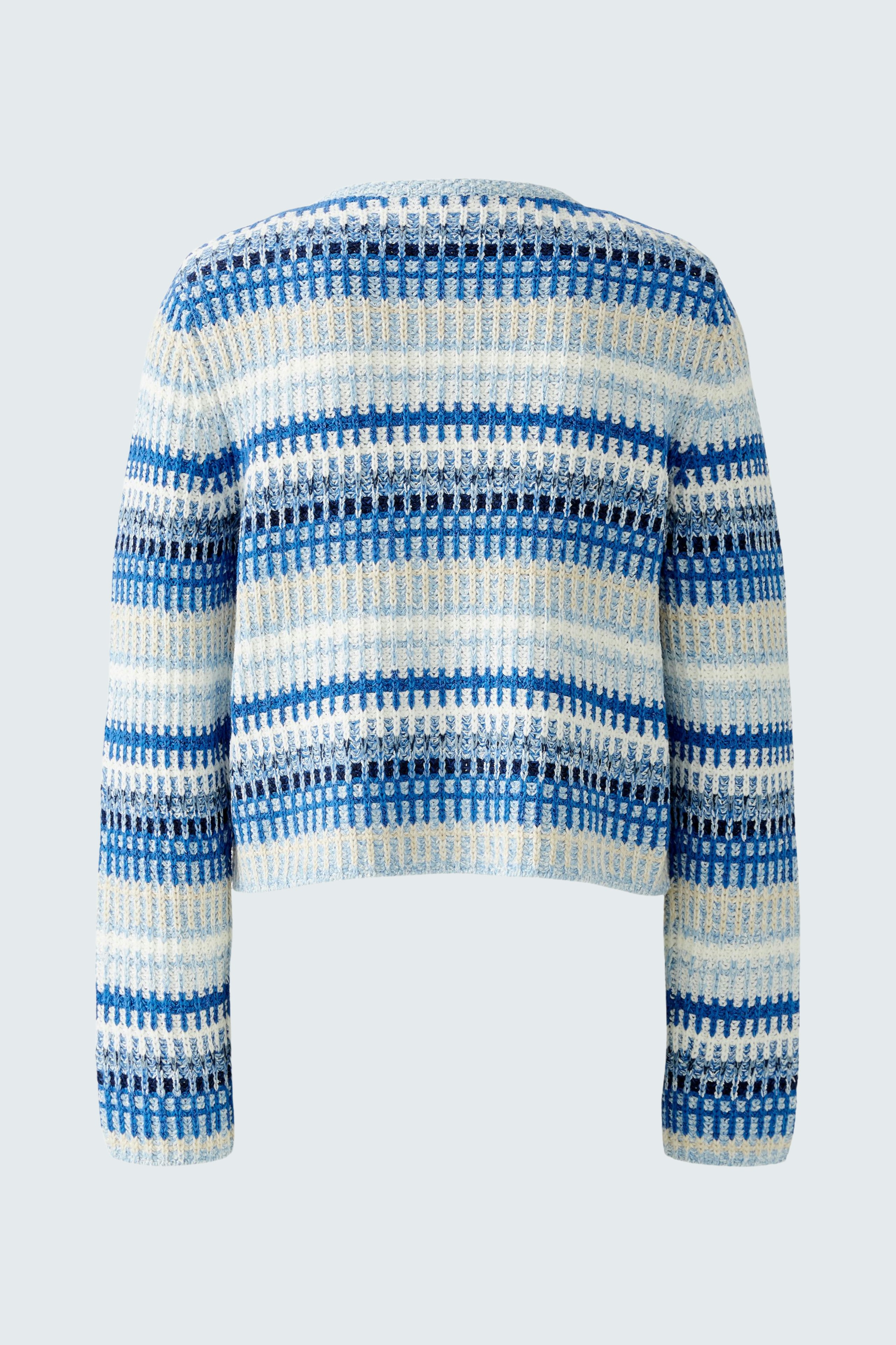 Stylish women's cardigan in blue and white stripes, perfect for layering and casual wear.