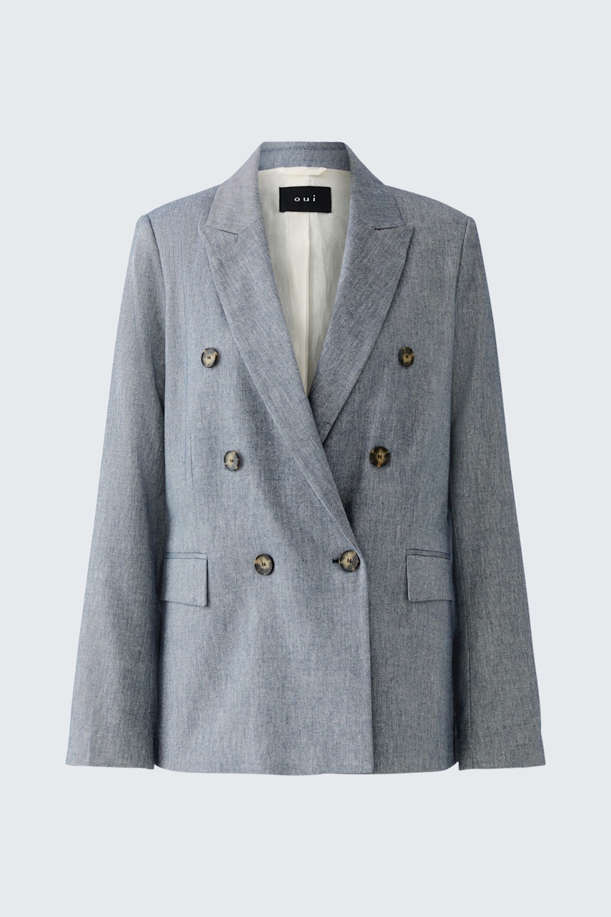 Eleganter Damen-Blazer in hellblau mit doppelter Knopfleiste und klassischem Schnitt.