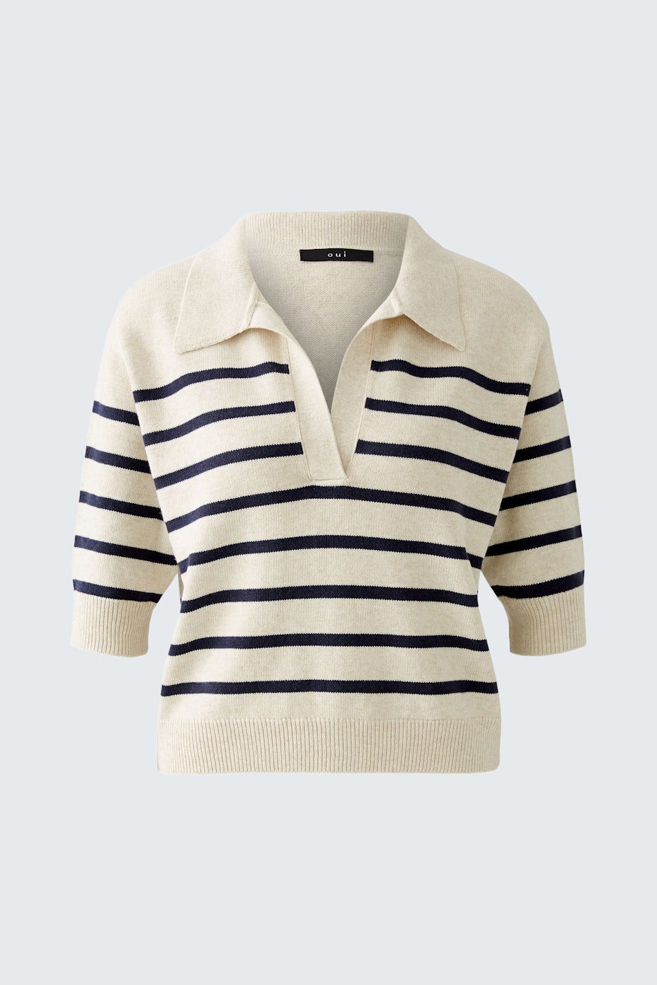 Stylish women's pullover: Cream with navy stripes, featuring a classic collar and short sleeves.