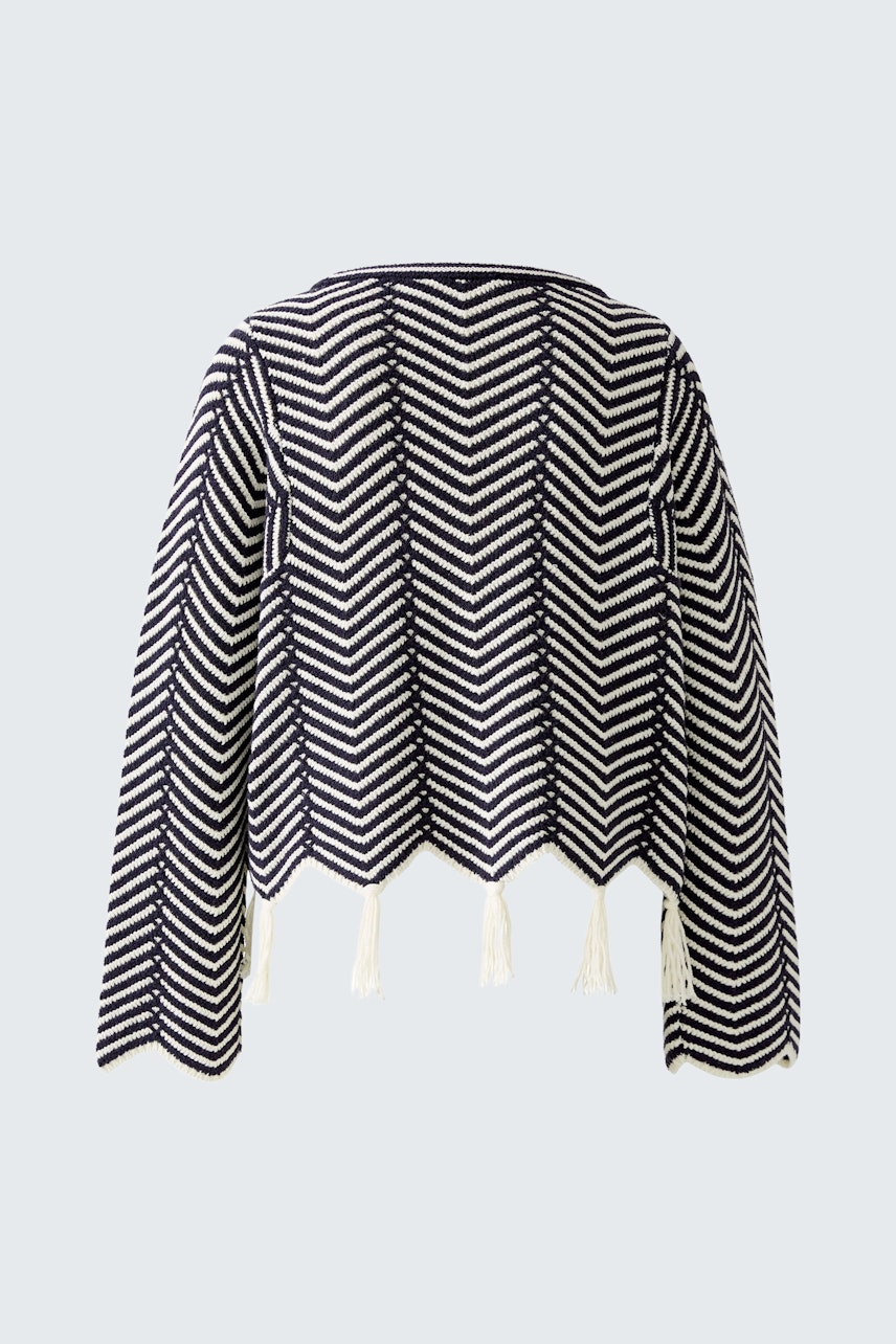 Stylish women's pullover: Back view of a navy and white striped pullover with tassel details.