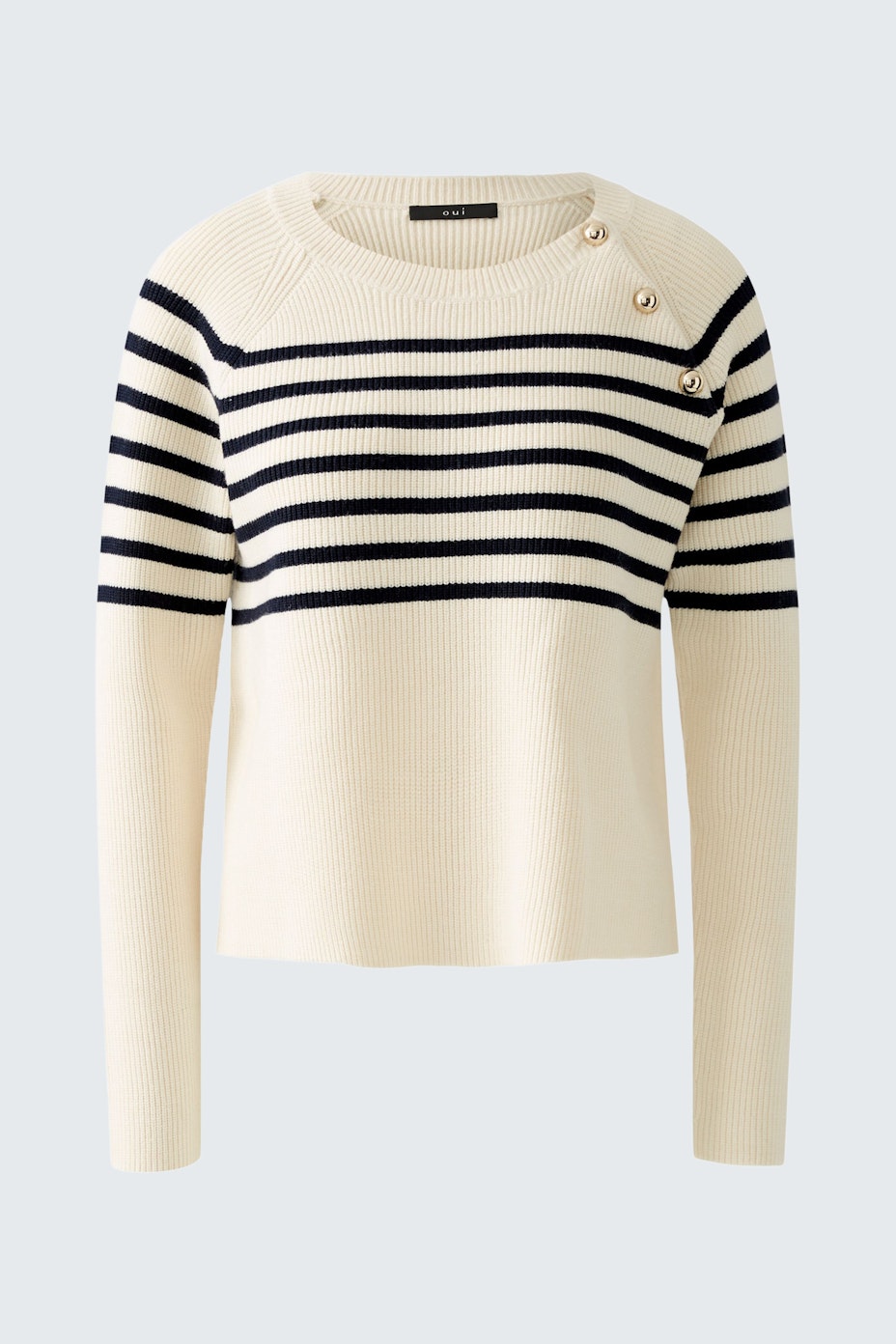 Stylish women's pullover: Cream and navy striped design with button detail for a chic look.