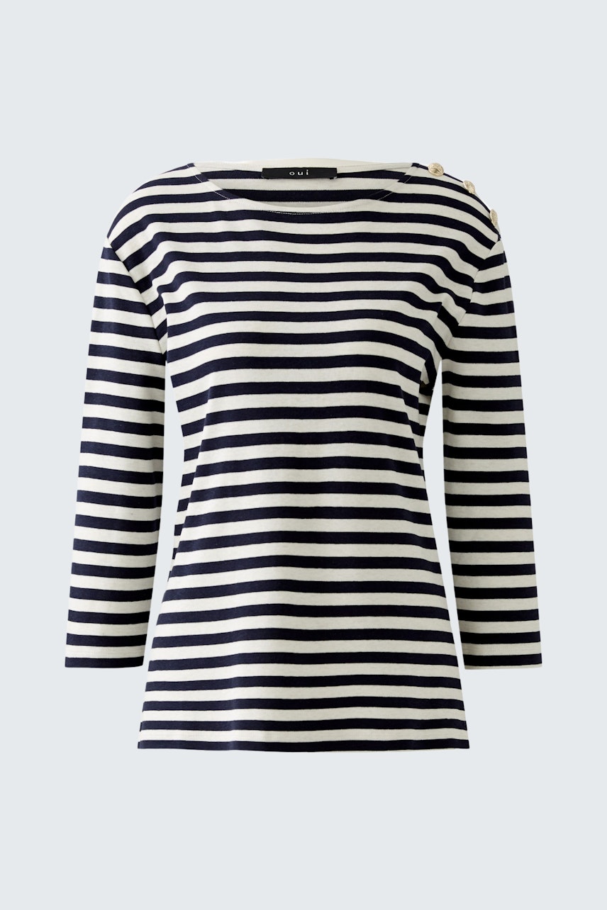 Stylish women's long-sleeve shirt: Navy and white striped design for a casual look.