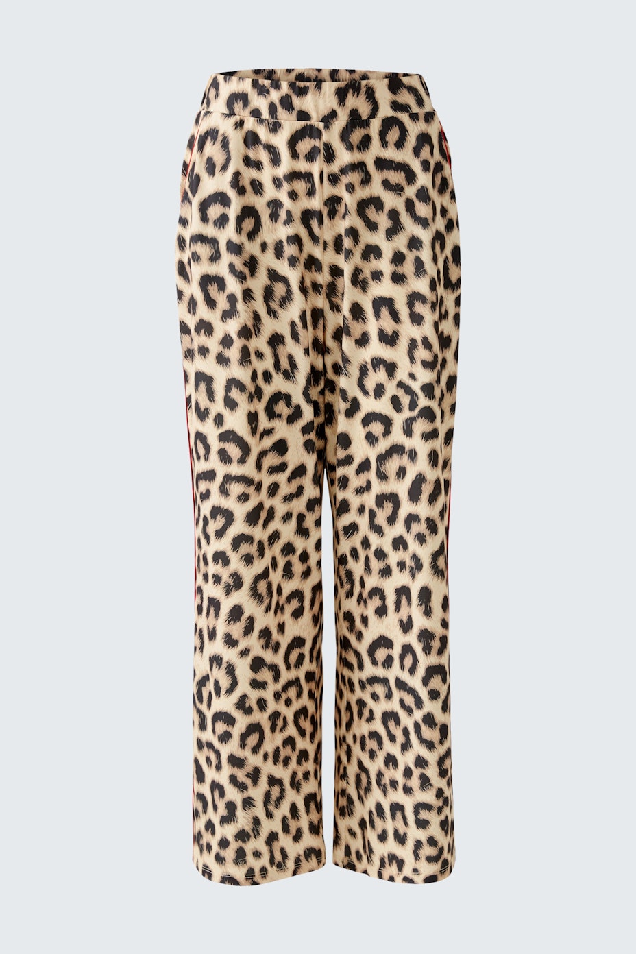 Stylish women's pants: Leopard print wide-leg design with red side stripes.