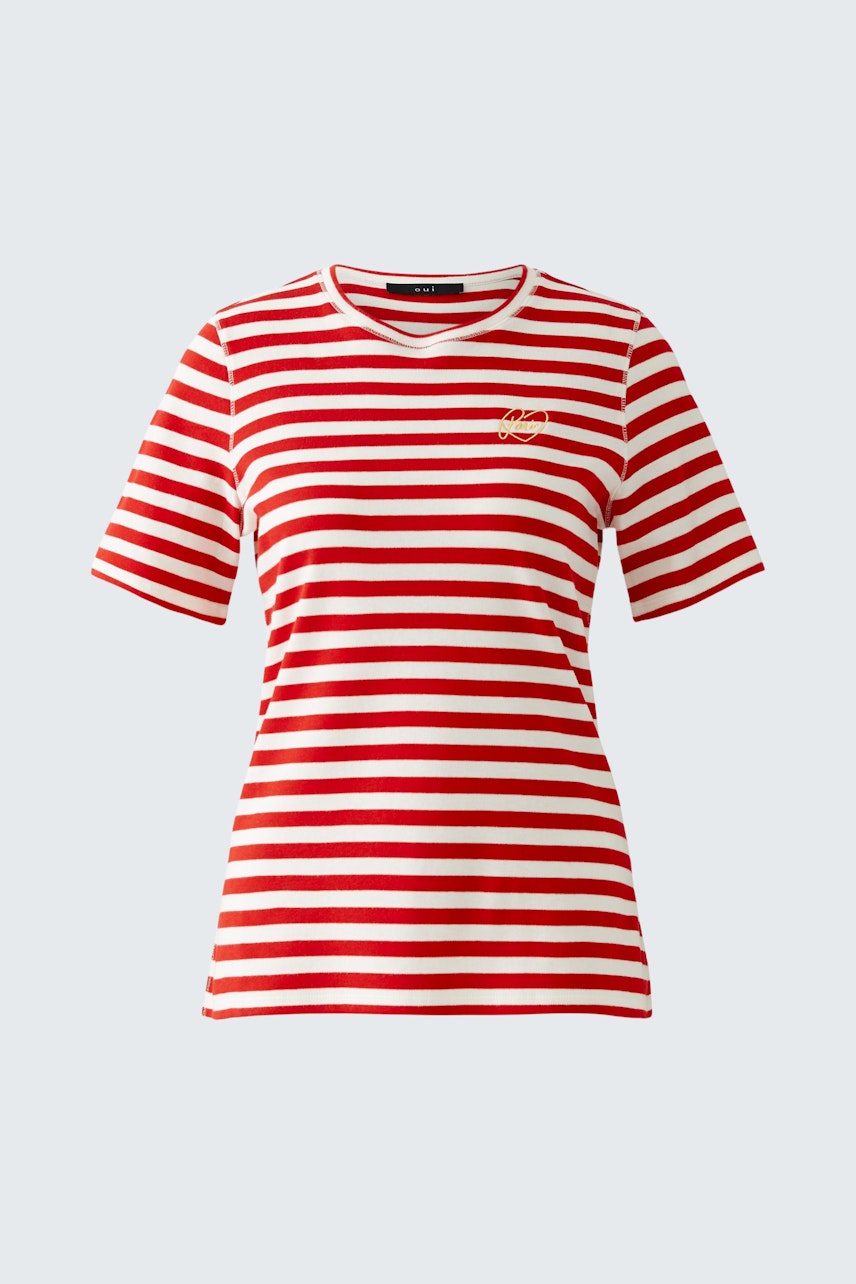 Gestreiftes Damen-T-Shirt in Rot und Weiß mit Rundhalsausschnitt und lässigem Schnitt.