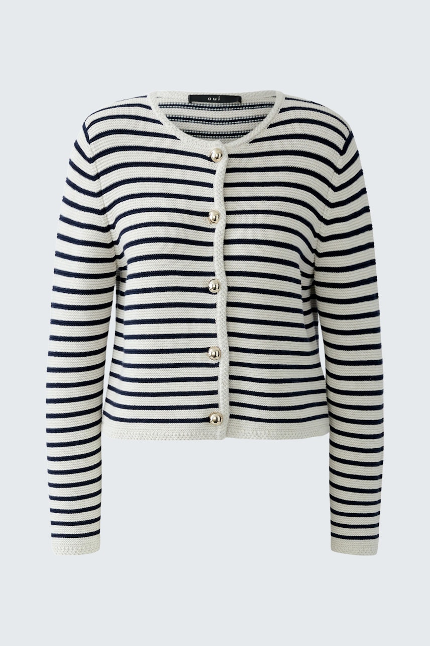 Stylish women's cardigan: A striped pullover in cream and navy, perfect for layering.