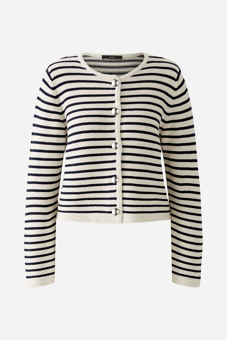 Stylish women's cardigan: A striped pullover in cream and navy, perfect for layering.