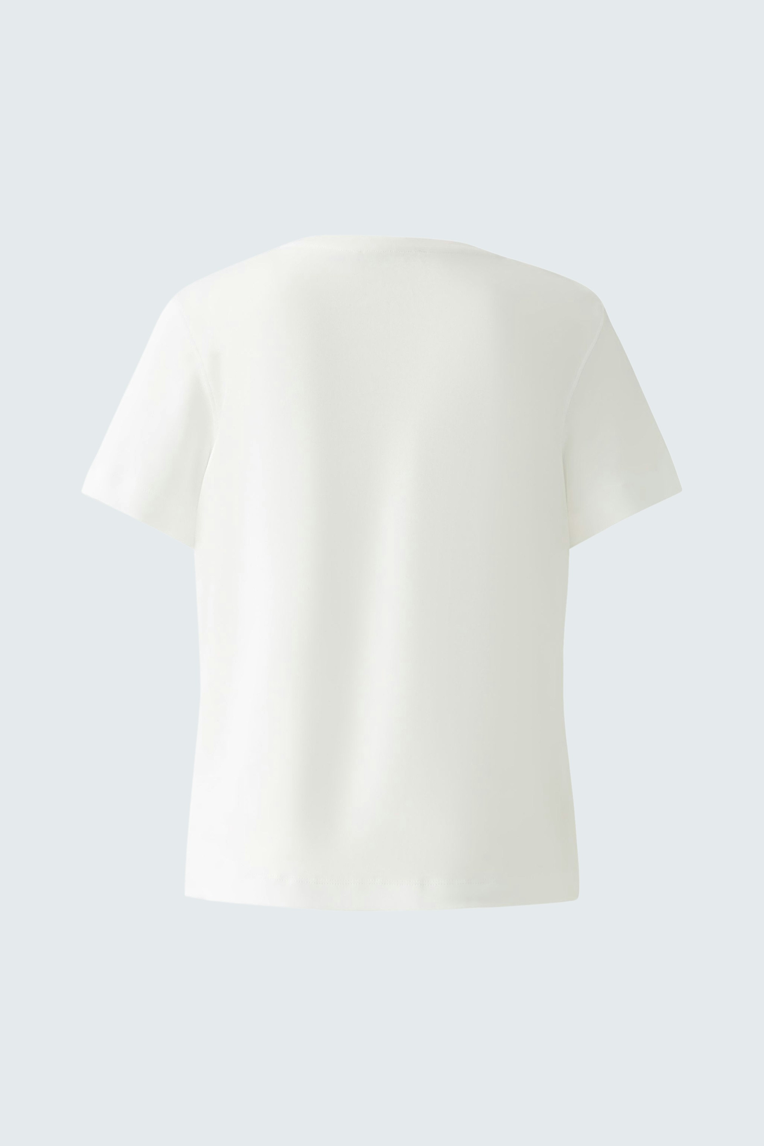 Schlichtes Damen-T-Shirt: Rückansicht eines weißen, lässigen T-Shirts mit kurzen Ärmeln.