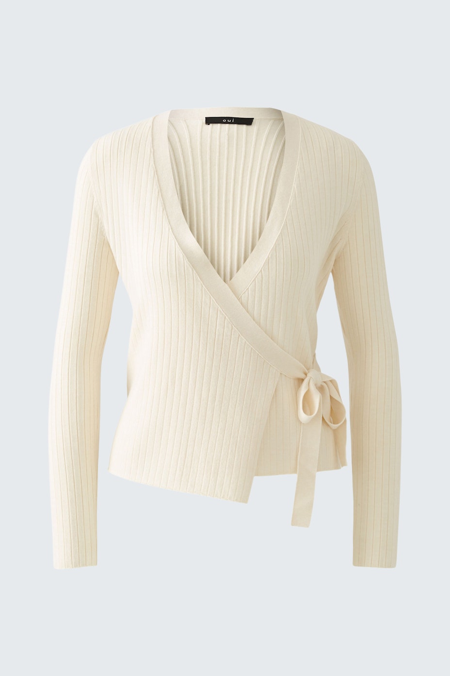 Elegant women's cardigan in soft cream with a stylish wrap design and tie detail.