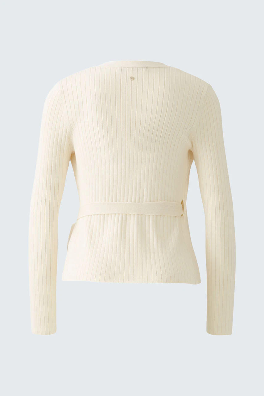 Elegant women's cardigan in soft cream with a belted waist and ribbed texture.