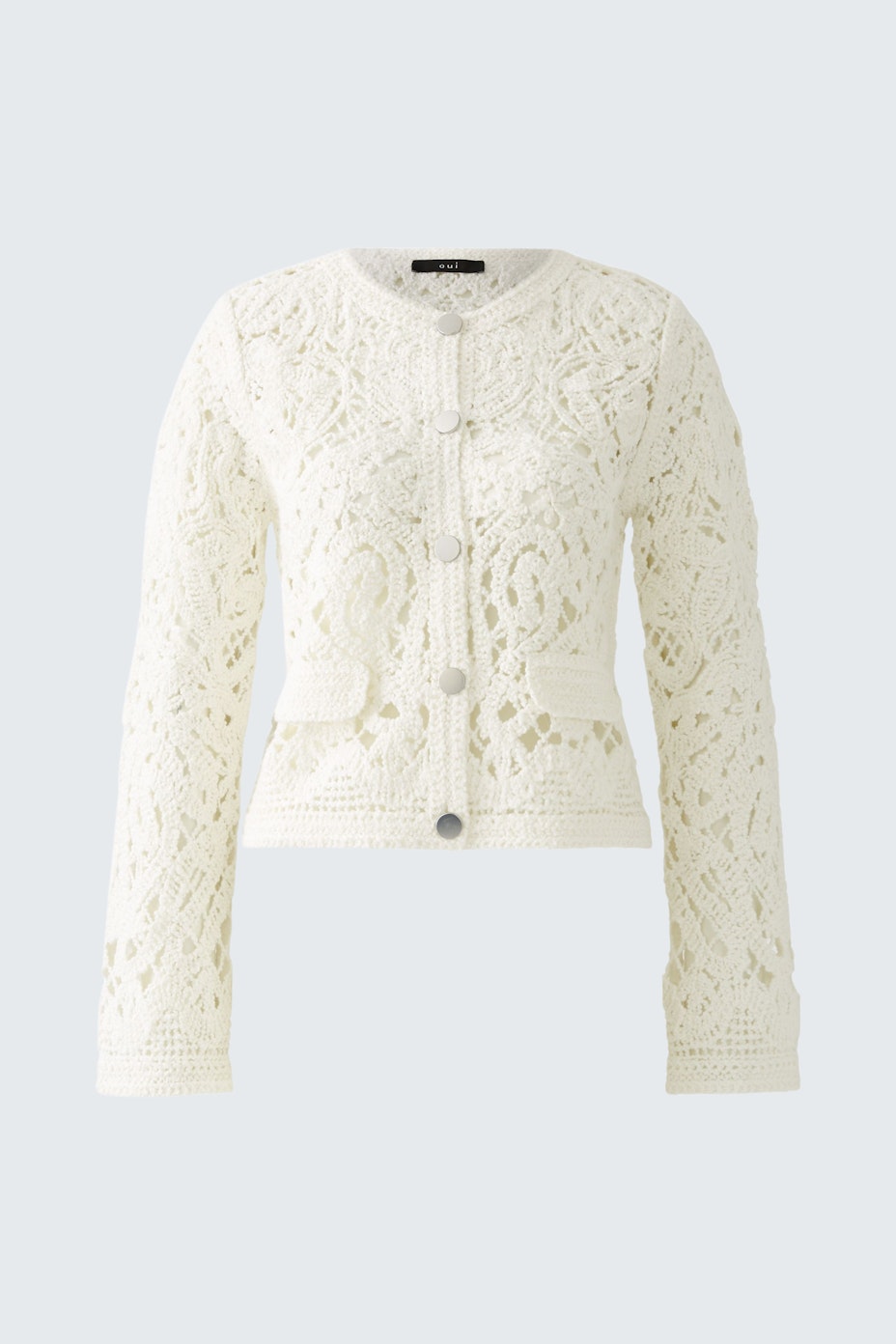 Elegant women's cardigan in cream with intricate lace design and button closure.