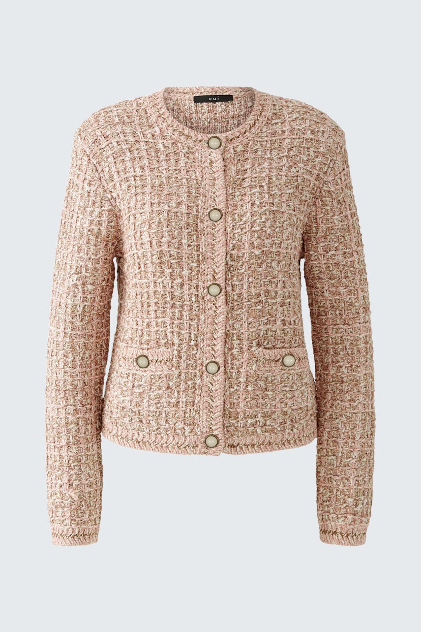 Stylish women's cardigan in soft pink with textured fabric and button details.