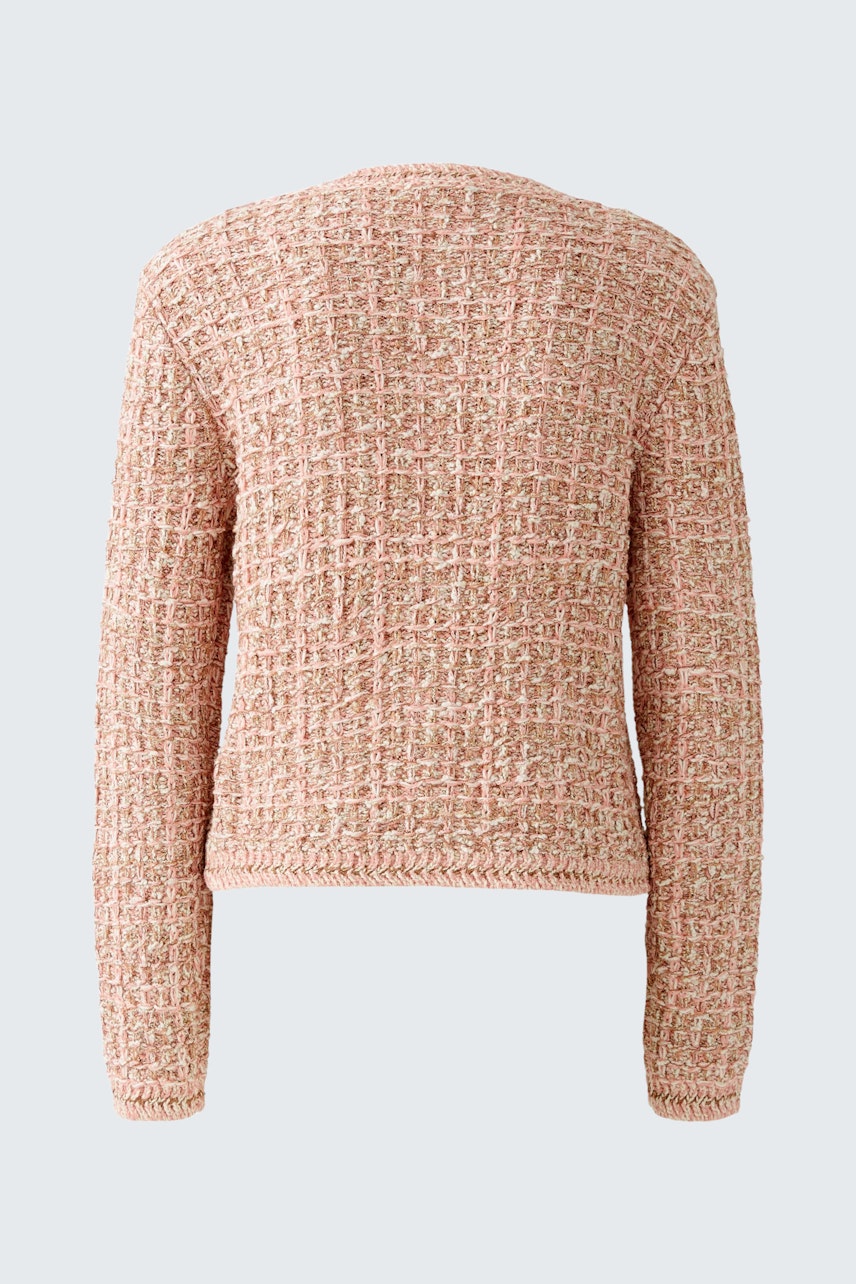 Cozy women's cardigan in soft pink with a textured finish, perfect for layering.