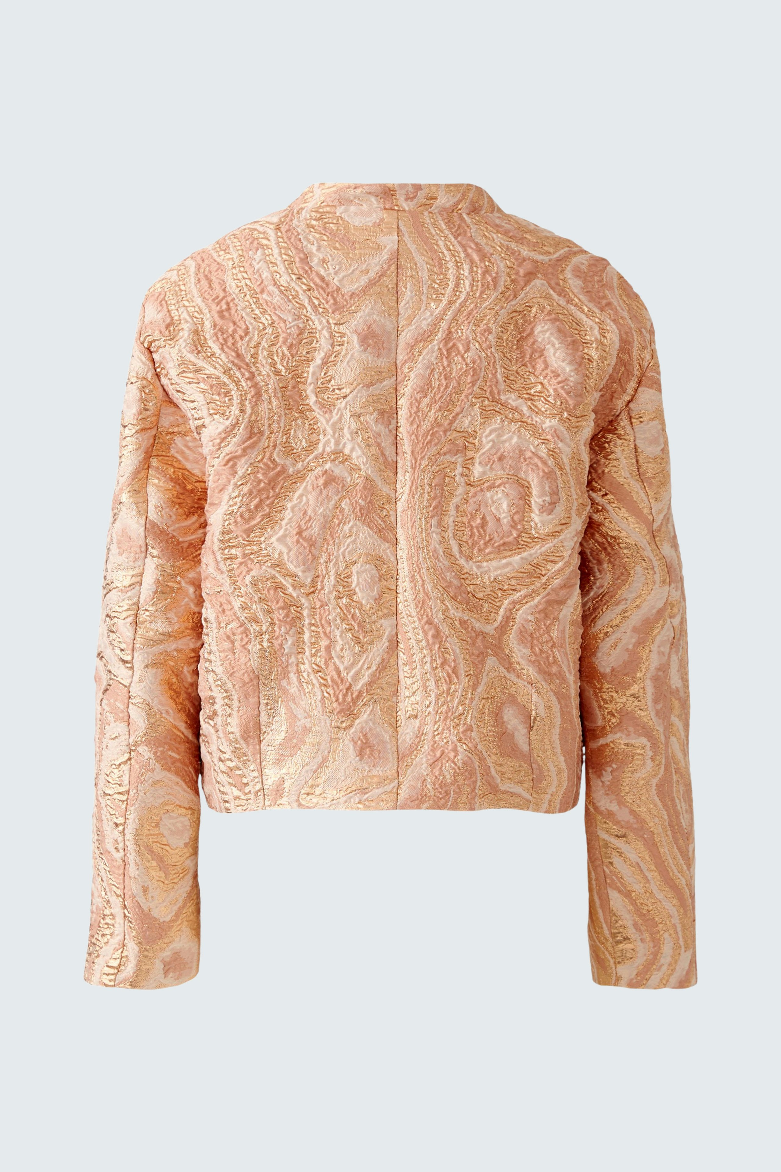 Stylish women's jacket in soft peach with intricate texture, perfect for layering.
