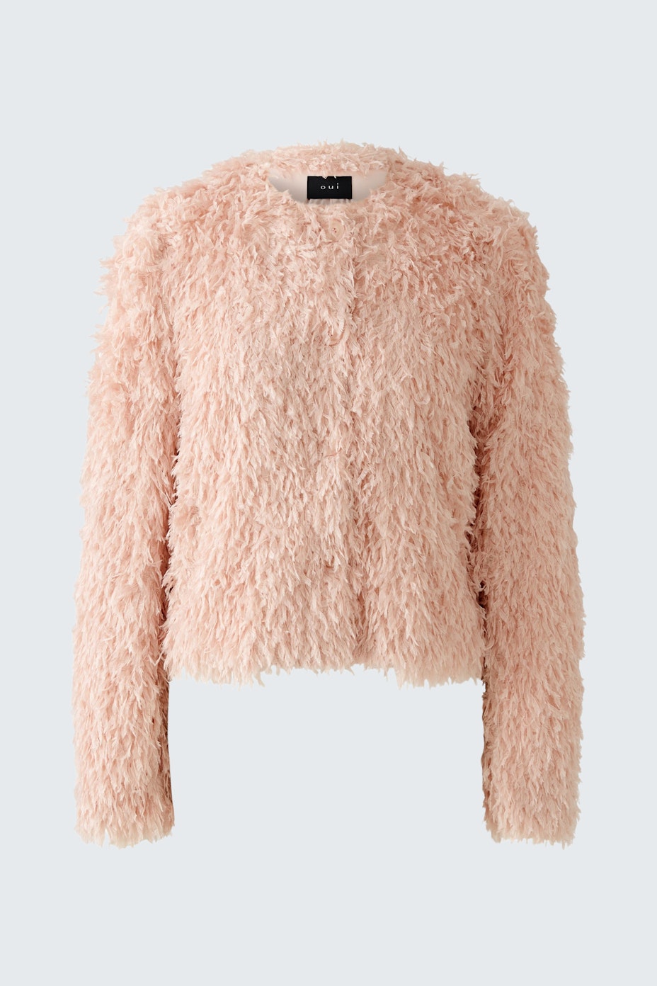 Soft pink jacket with a fluffy texture, perfect for a stylish and cozy look.