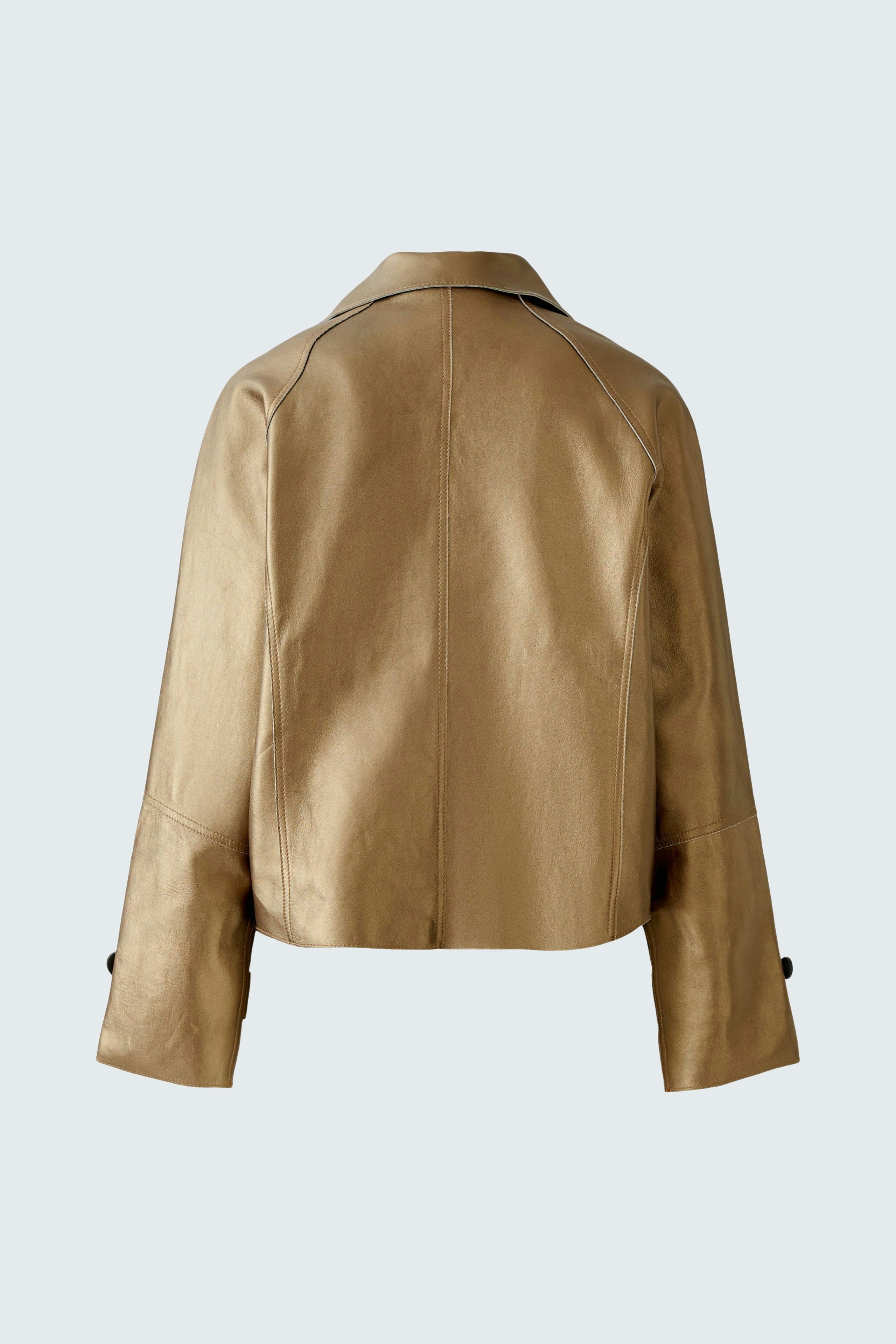 Stylish women's leather jacket in a warm tan color, featuring a modern cropped design.