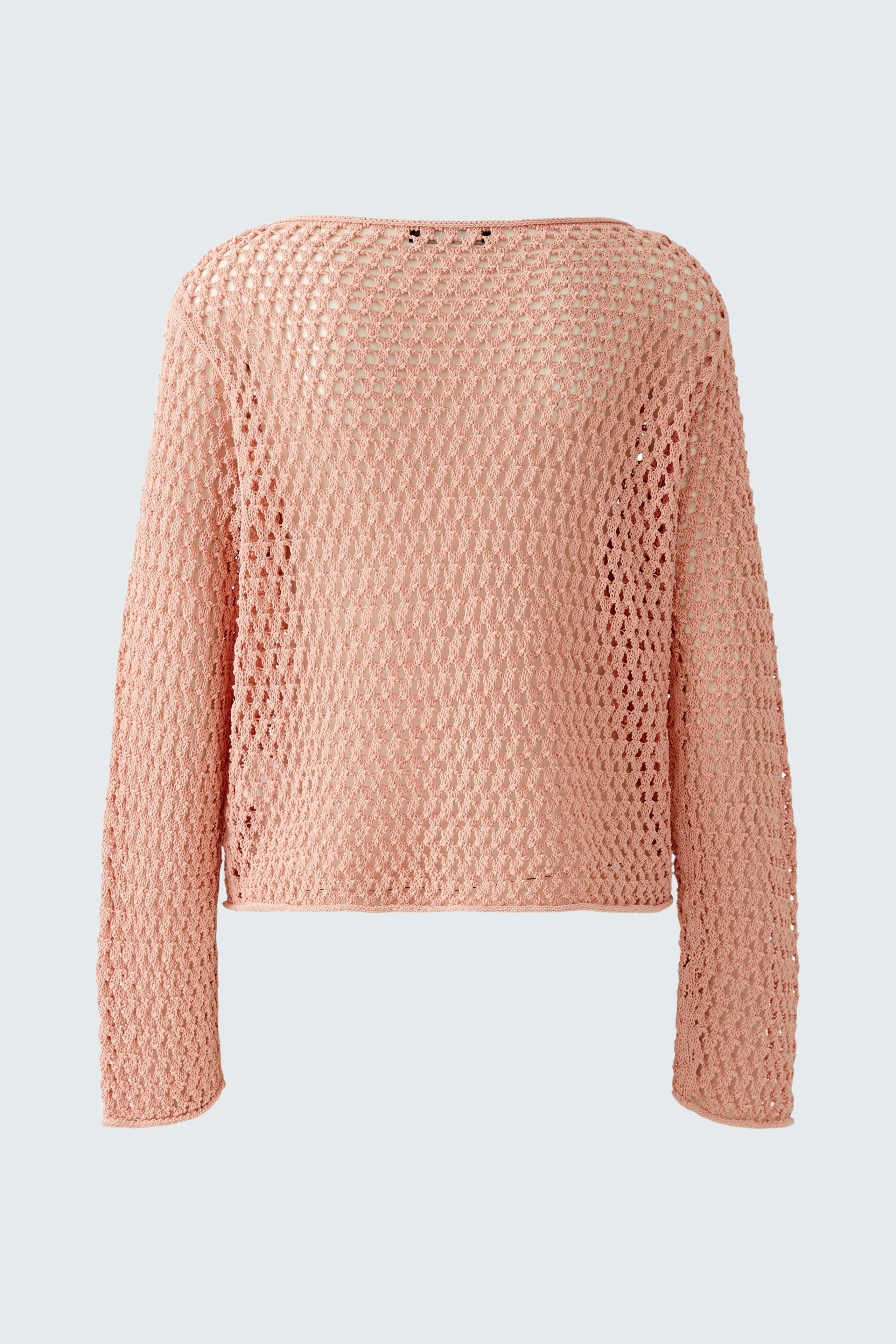Light pink pullover: A stylish, open-knit design perfect for layering in warmer weather.