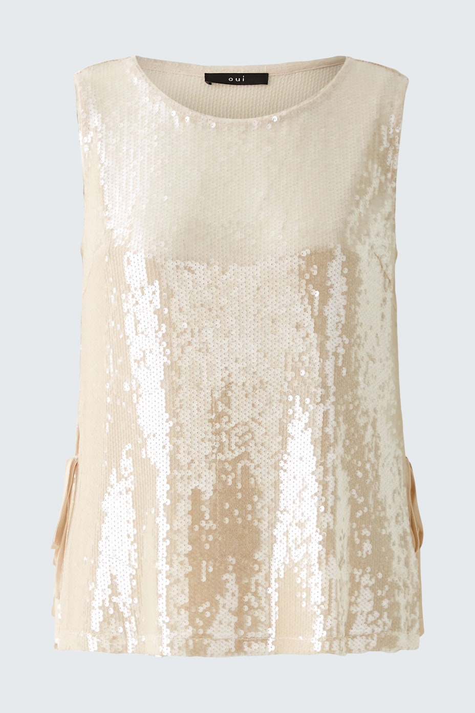 Elegant women's top: A shimmering beige sleeveless top with sequins, perfect for special occasions.