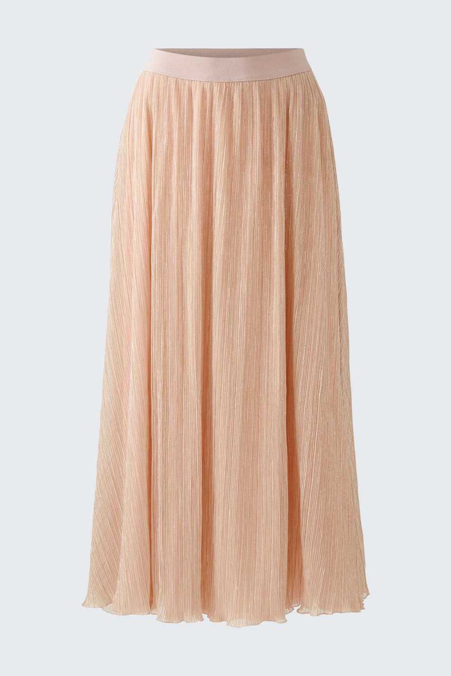 Elegant maxi skirt in soft peach color, featuring a flowing design and comfortable waistband.