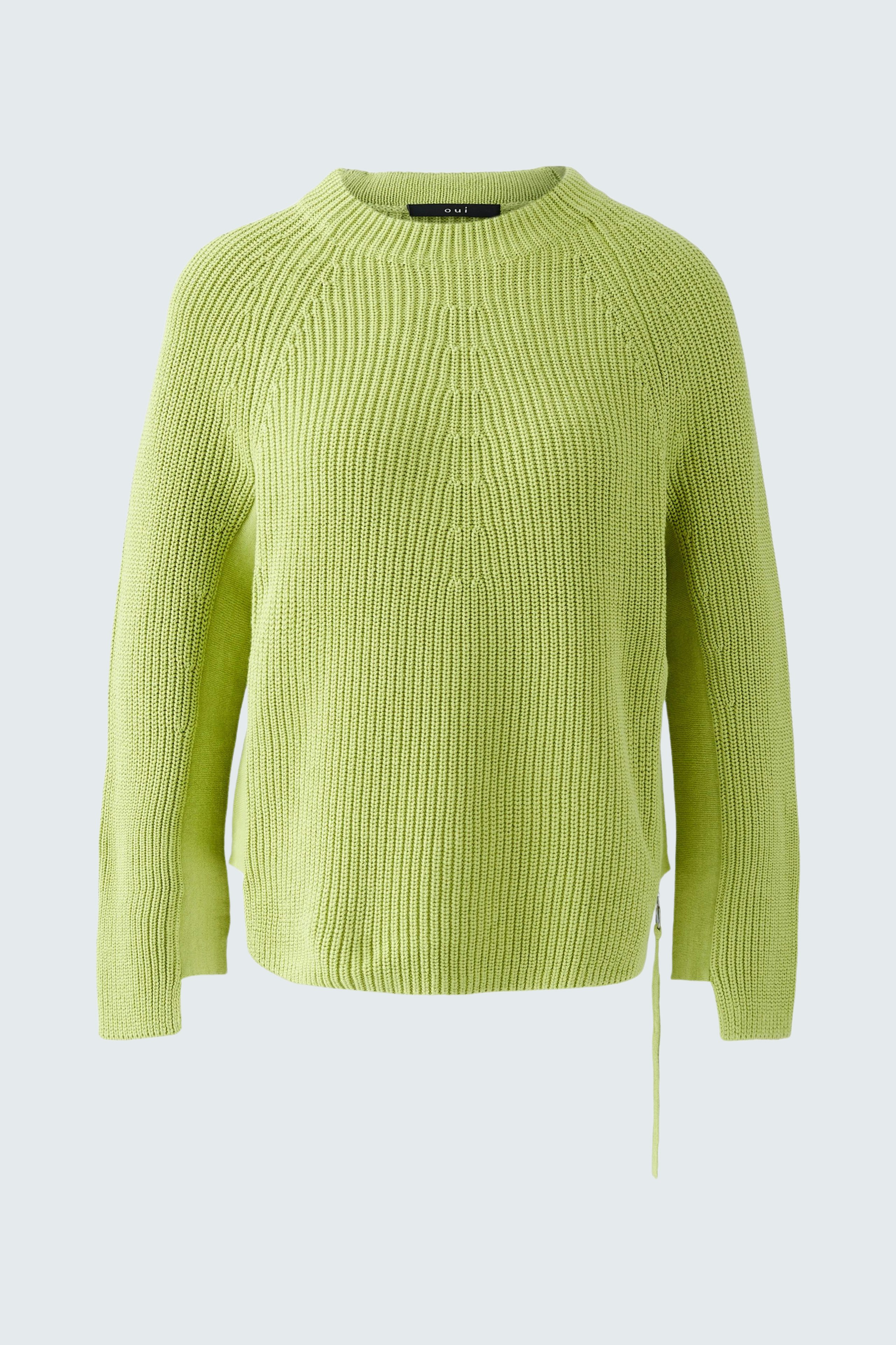 Helle Damen-Pullover: Grüner, lässiger Strickpullover mit Rundhalsausschnitt und seitlichem Bindeband.