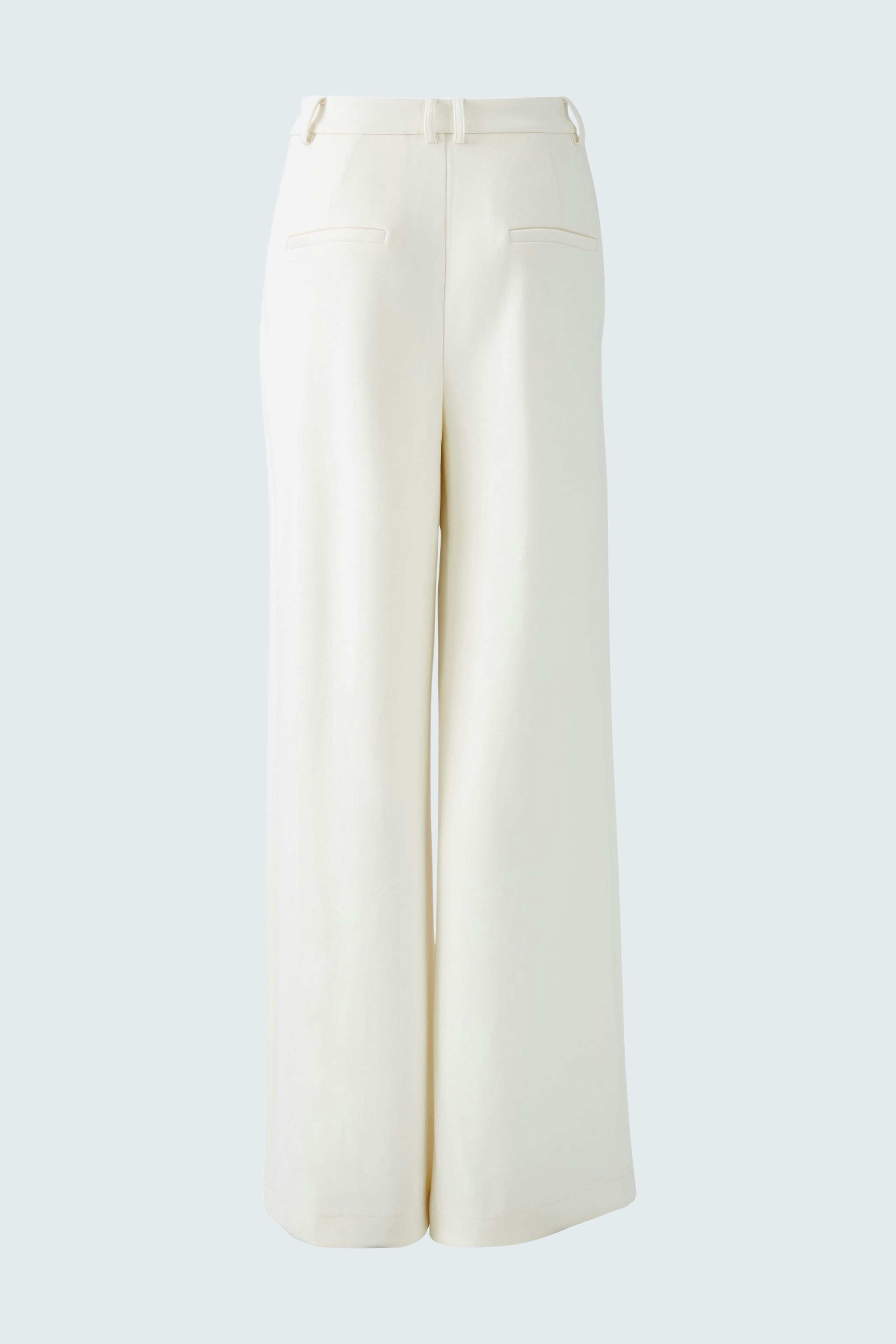 Elegant women's trousers in soft white fabric, featuring a wide-leg design and classic pockets.
