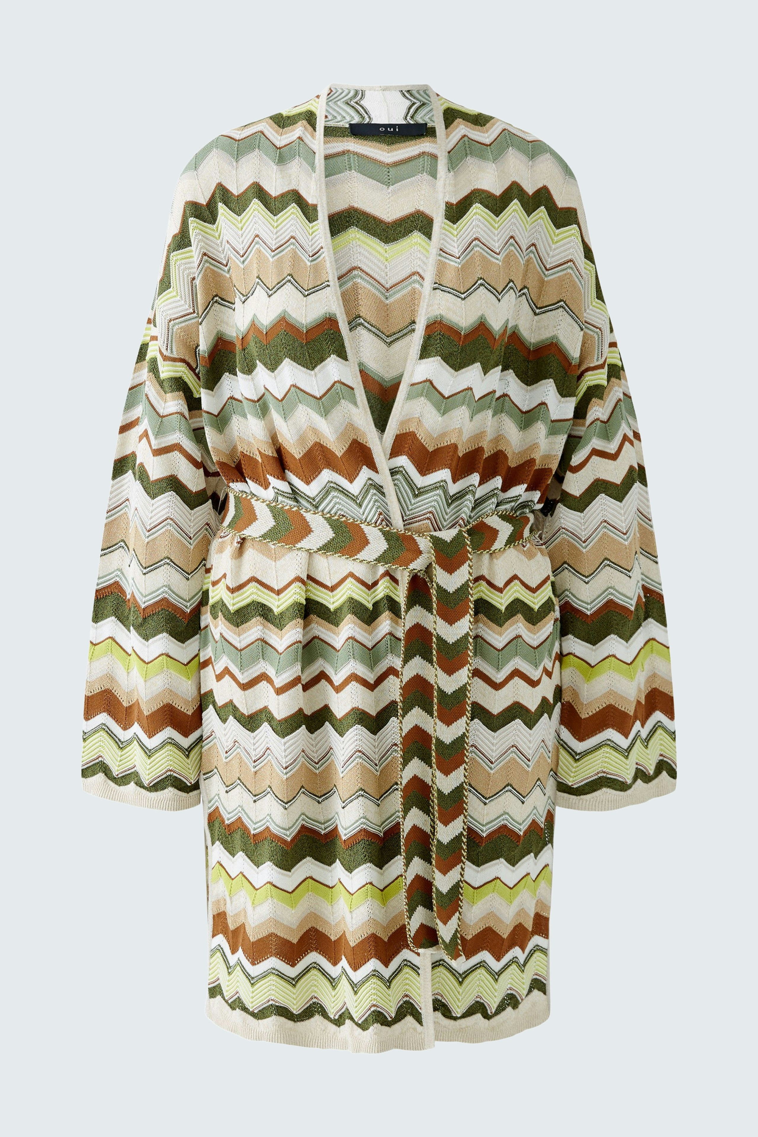 Stylish women's cardigan: Colorful zigzag pattern with a belt, perfect for layering.