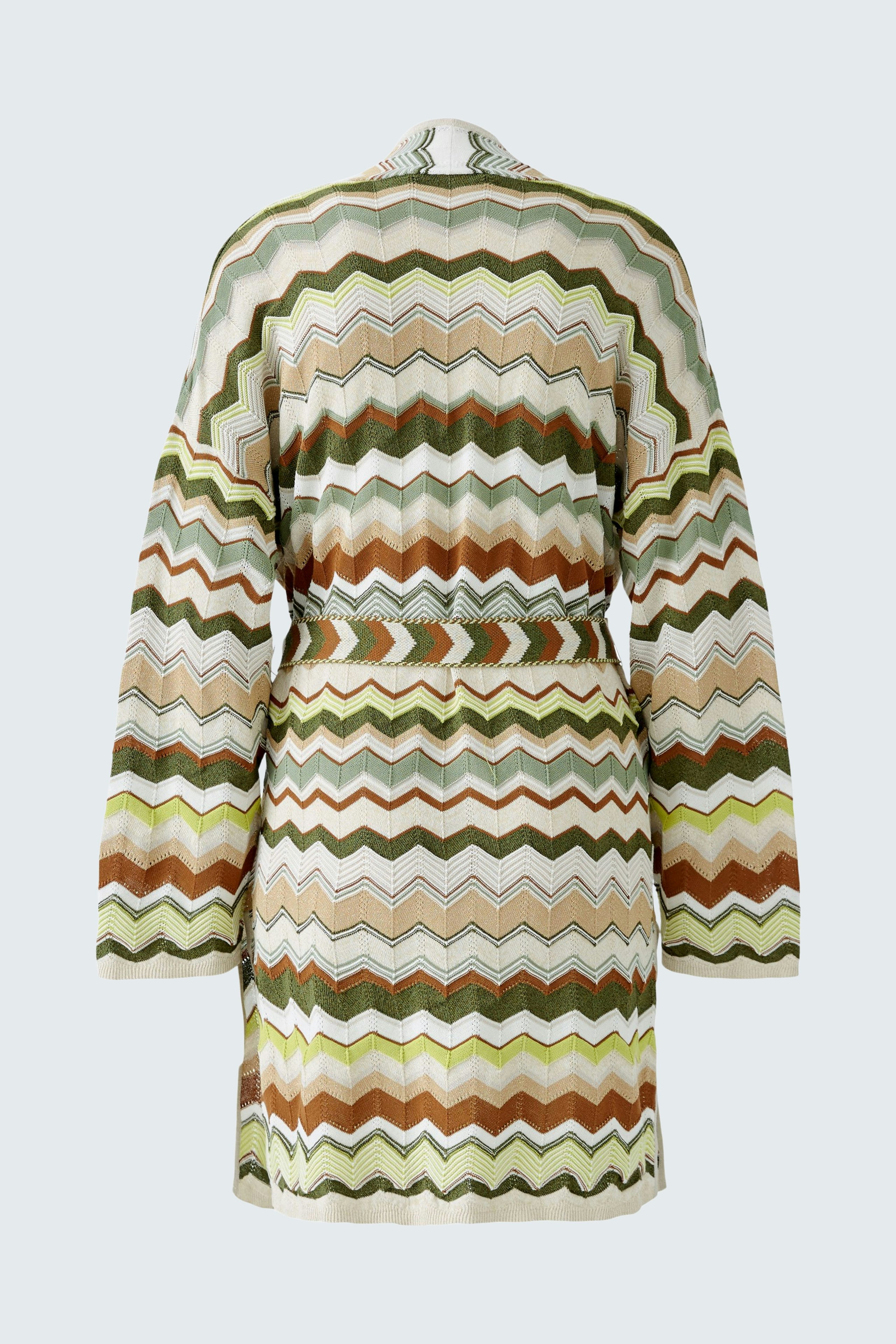 Stylish women's cardigan: Colorful zigzag pattern with a belt, perfect for layering.
