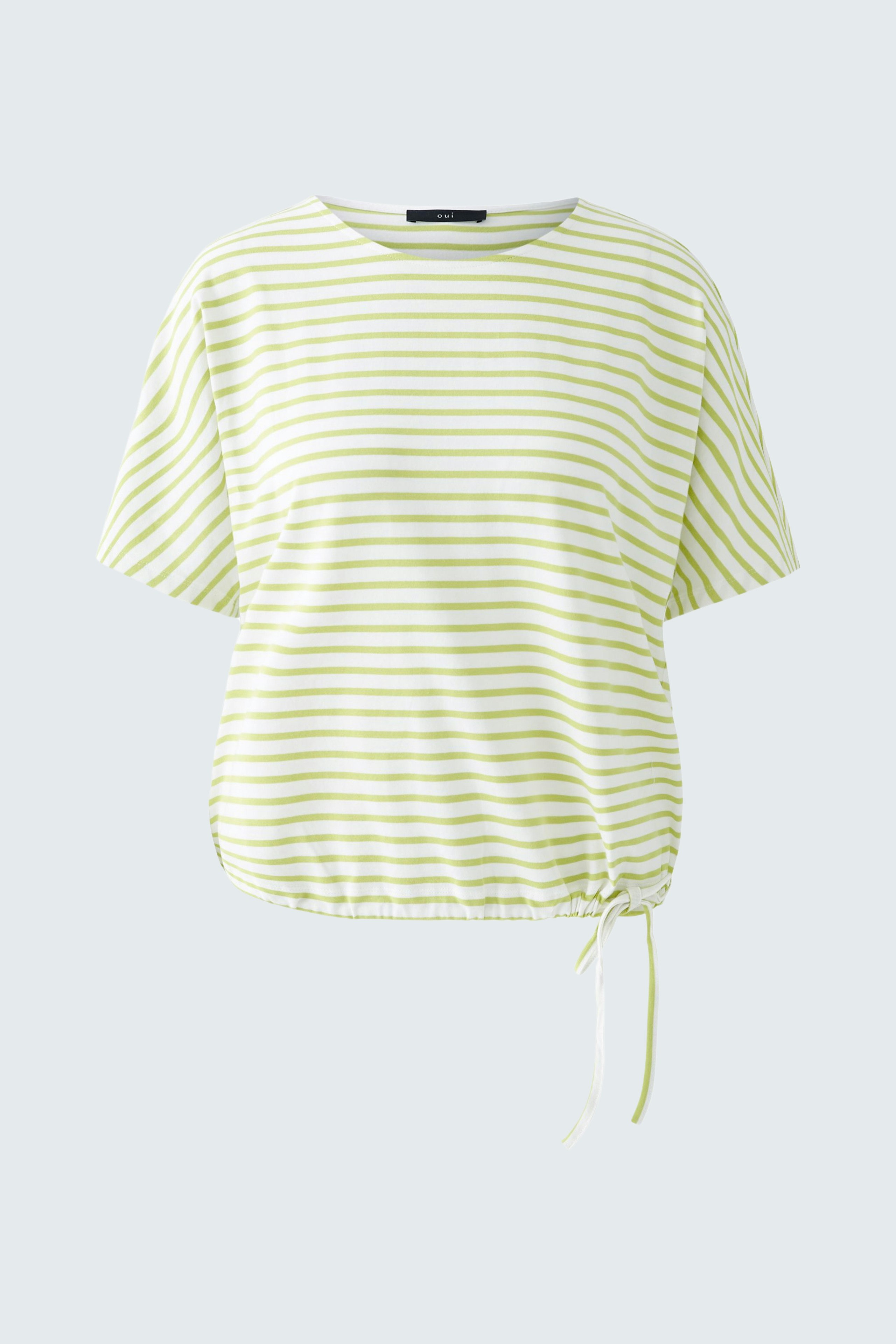 Casual women's T-shirt: Light green striped top with a drawstring hem for a relaxed fit.